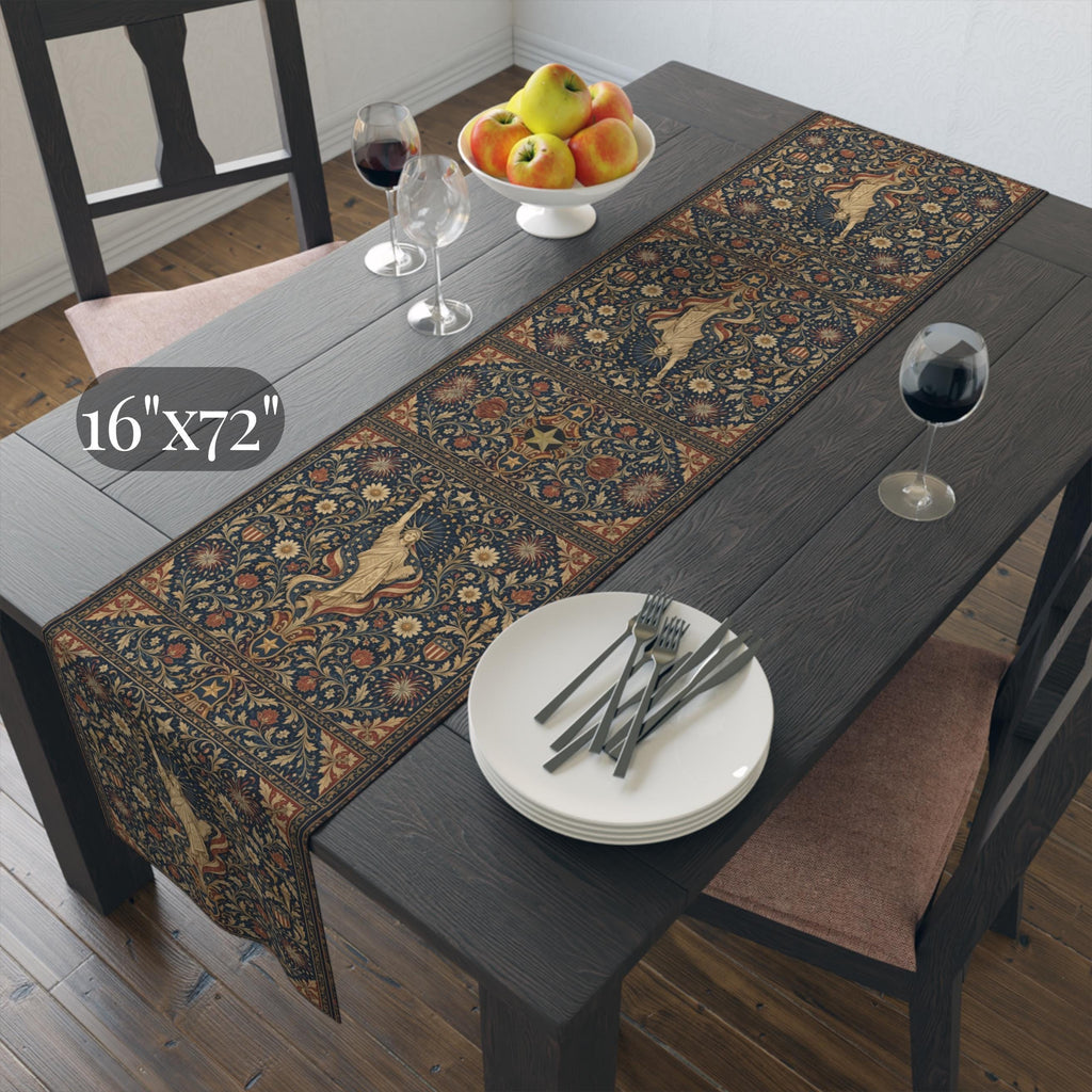 Patriotic Table Runner: Americana Statue of Liberty Botanical Design