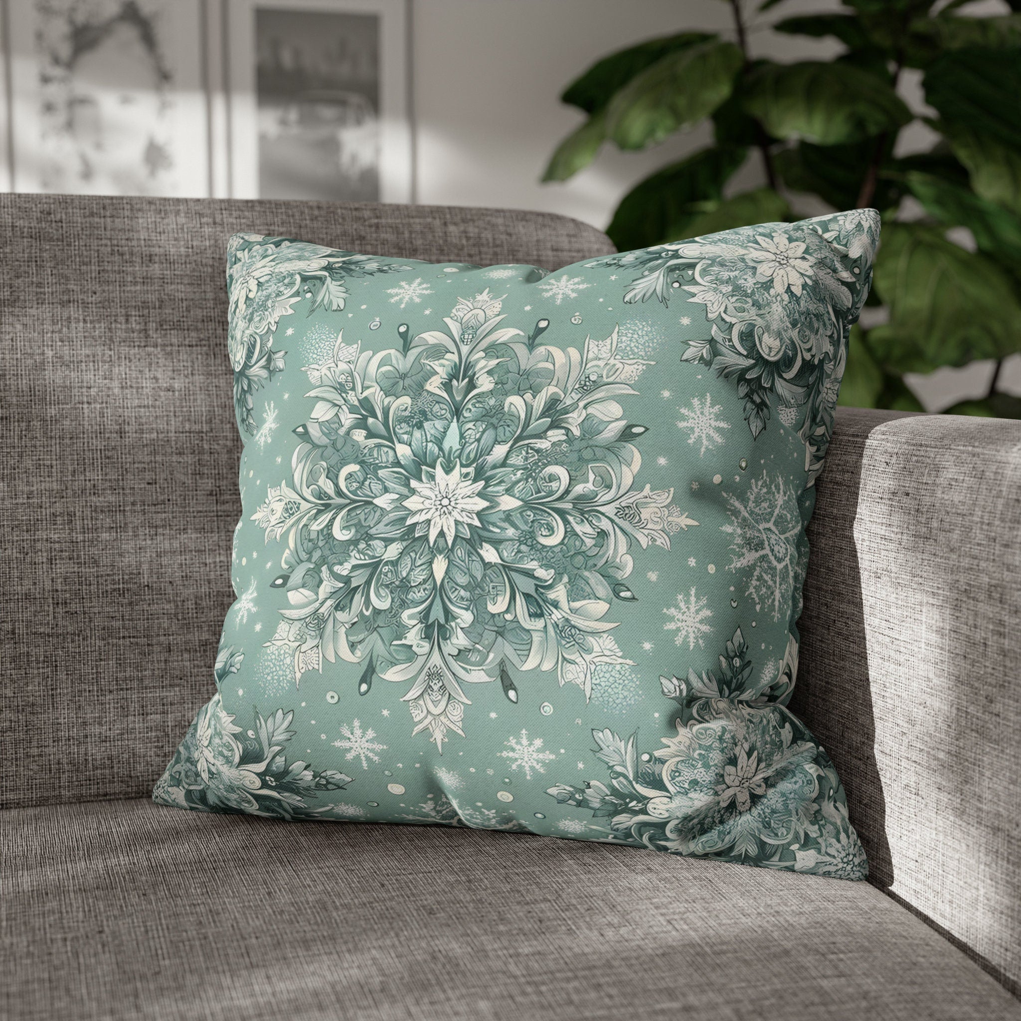 Vintage-Inspired Frosty Mint Snowflake Pillow Cover: Elegant Winter Home Decor with Intricate Design