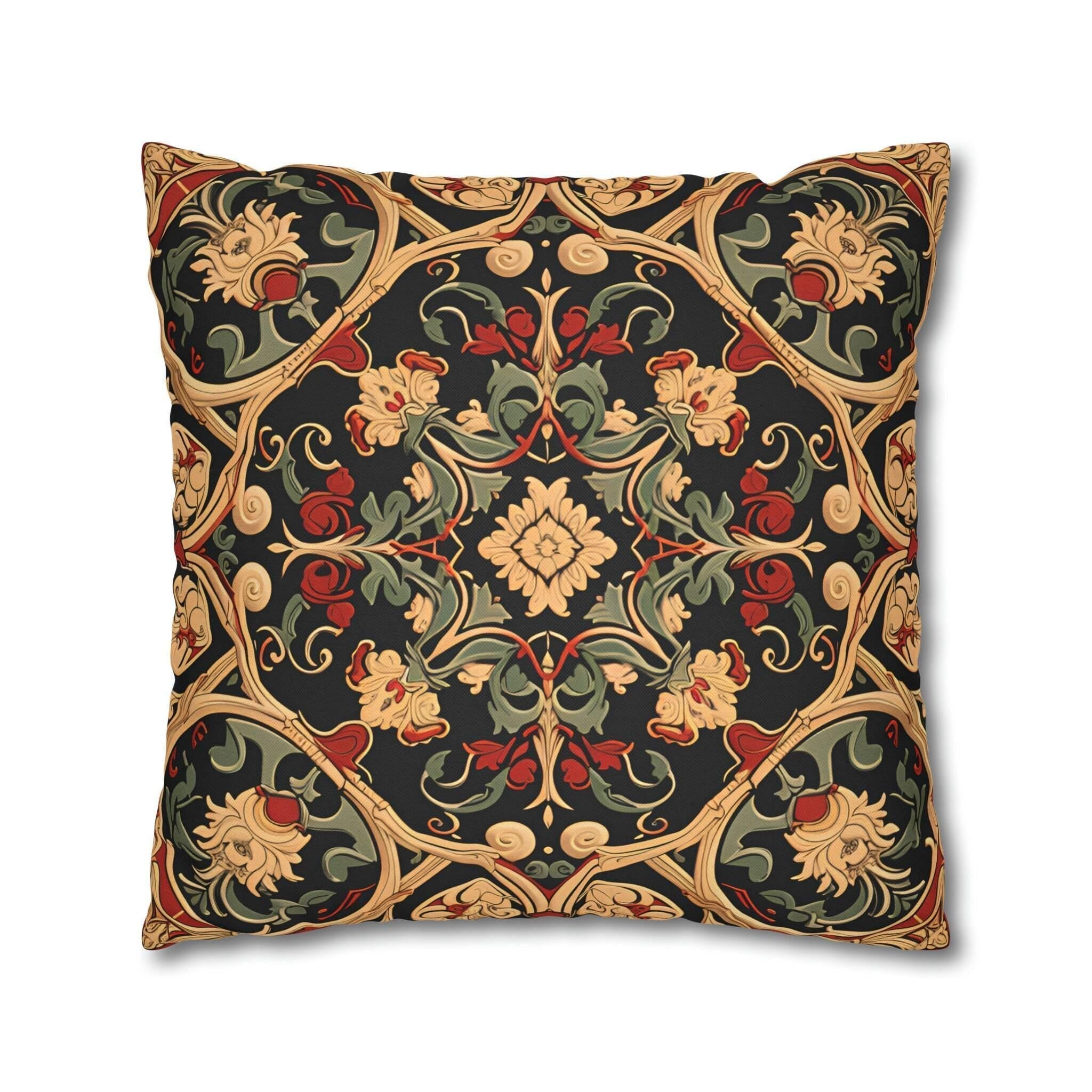 Renaissance Floral Pillow Cover: Red, Green & Gold on Dark Ground