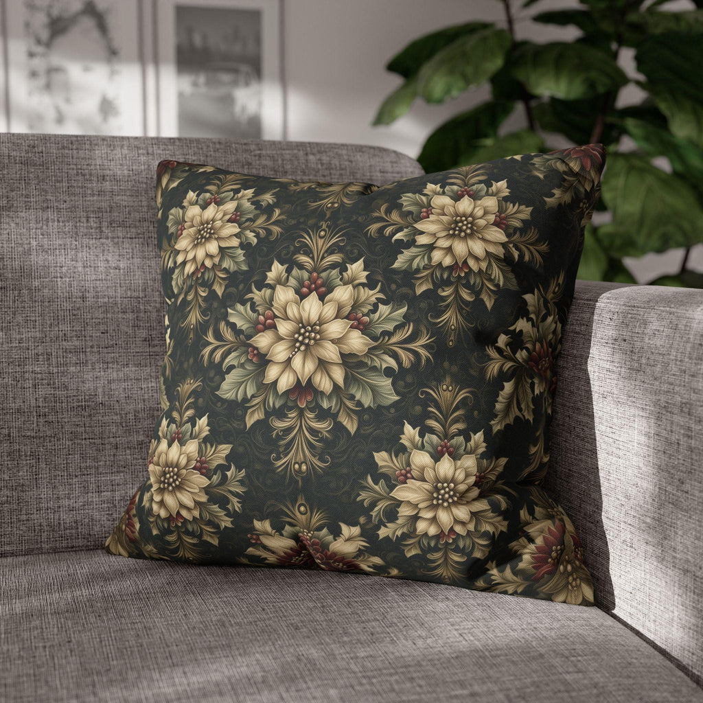 William Morris Christmas Pillow Cover: Ivory Poinsettia and Holly Repeating Pattern on Midnight Green