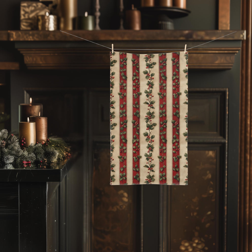 Striped Holly Christmas Hand Towel: Red Green Cream Holiday Botanical Winter Decor