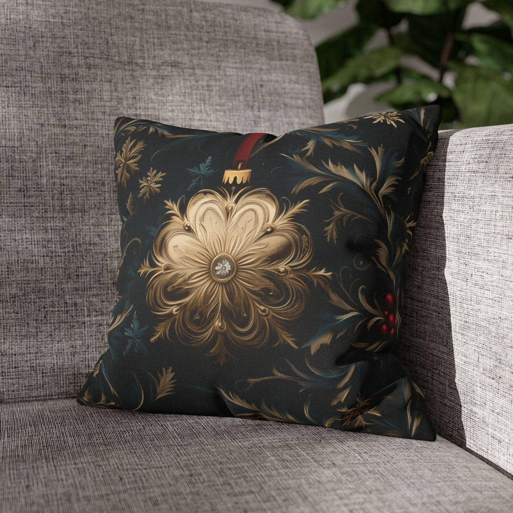 Elegant Navy & Gold Christmas Pillow Cover with Red Berries