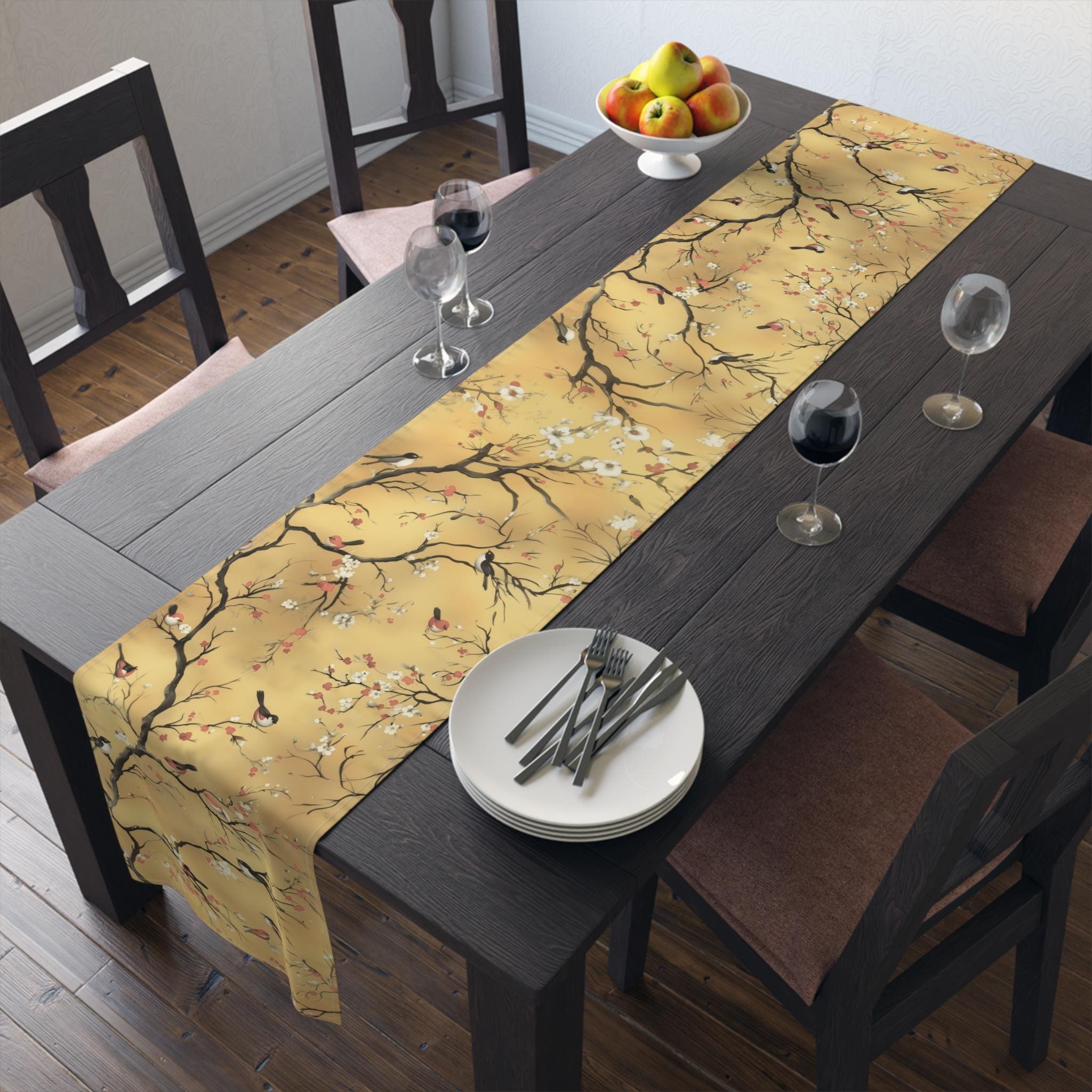 Chinoiserie Table Runner: Gold, Red Blossoms & Birds - Asian Decor