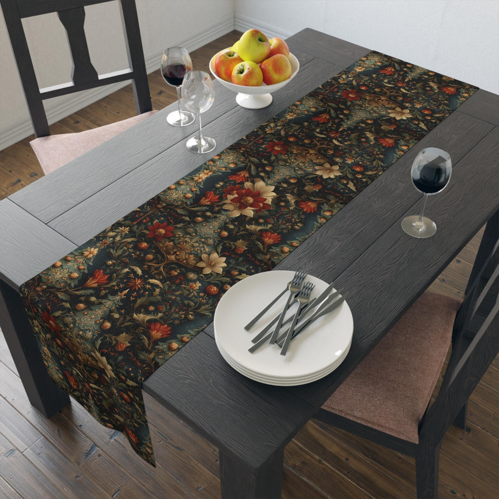 Intricate Christmas Table Runner: William Morris Holiday Botanical Pattern, Dark Red & Gold