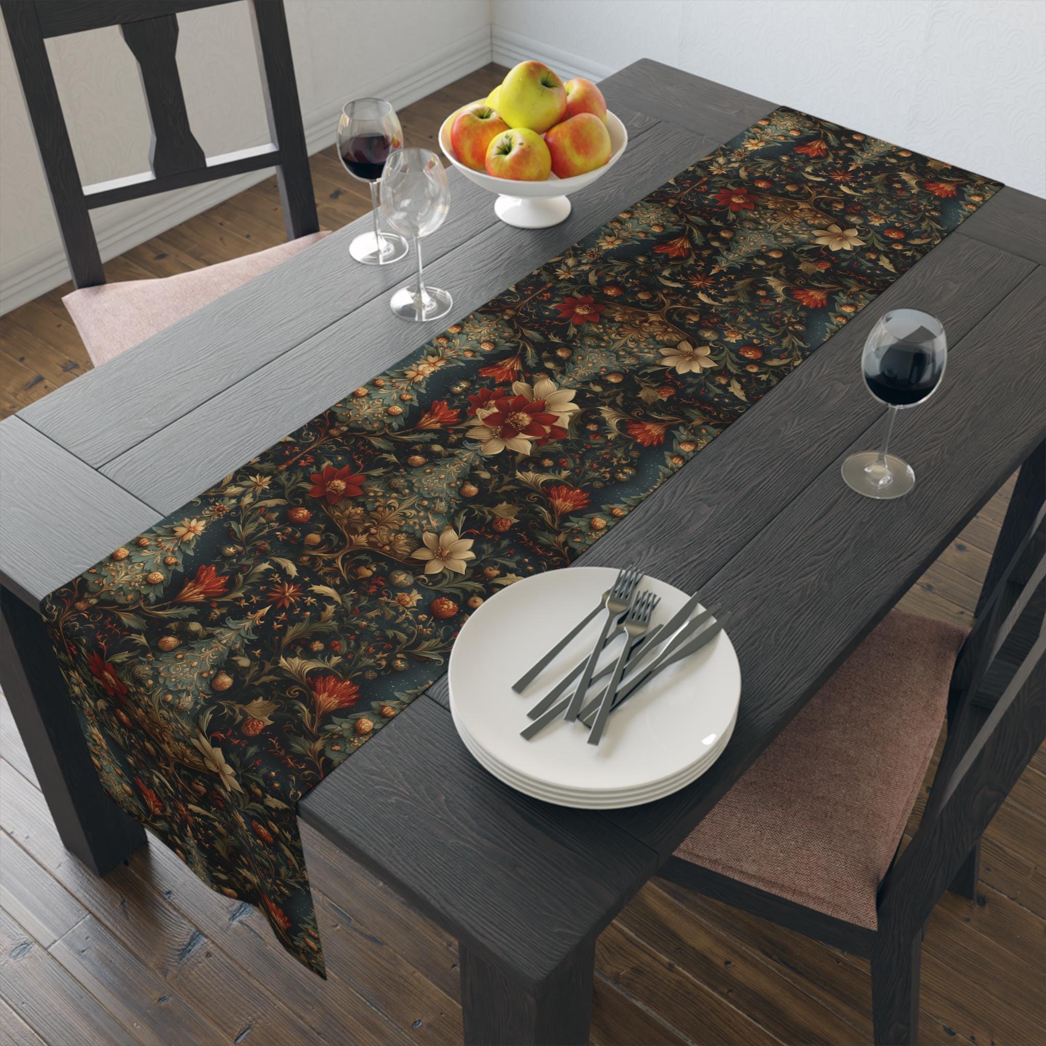 Intricate Christmas Table Runner: William Morris Holiday Botanical Pattern, Dark Red & Gold