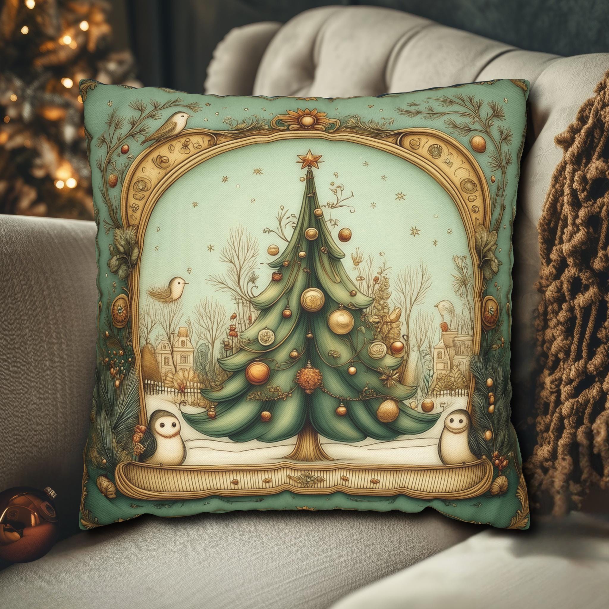 Vintage Style Christmas Tree Pillow Cover: Charming Teal & Gold Nostalgic Decor