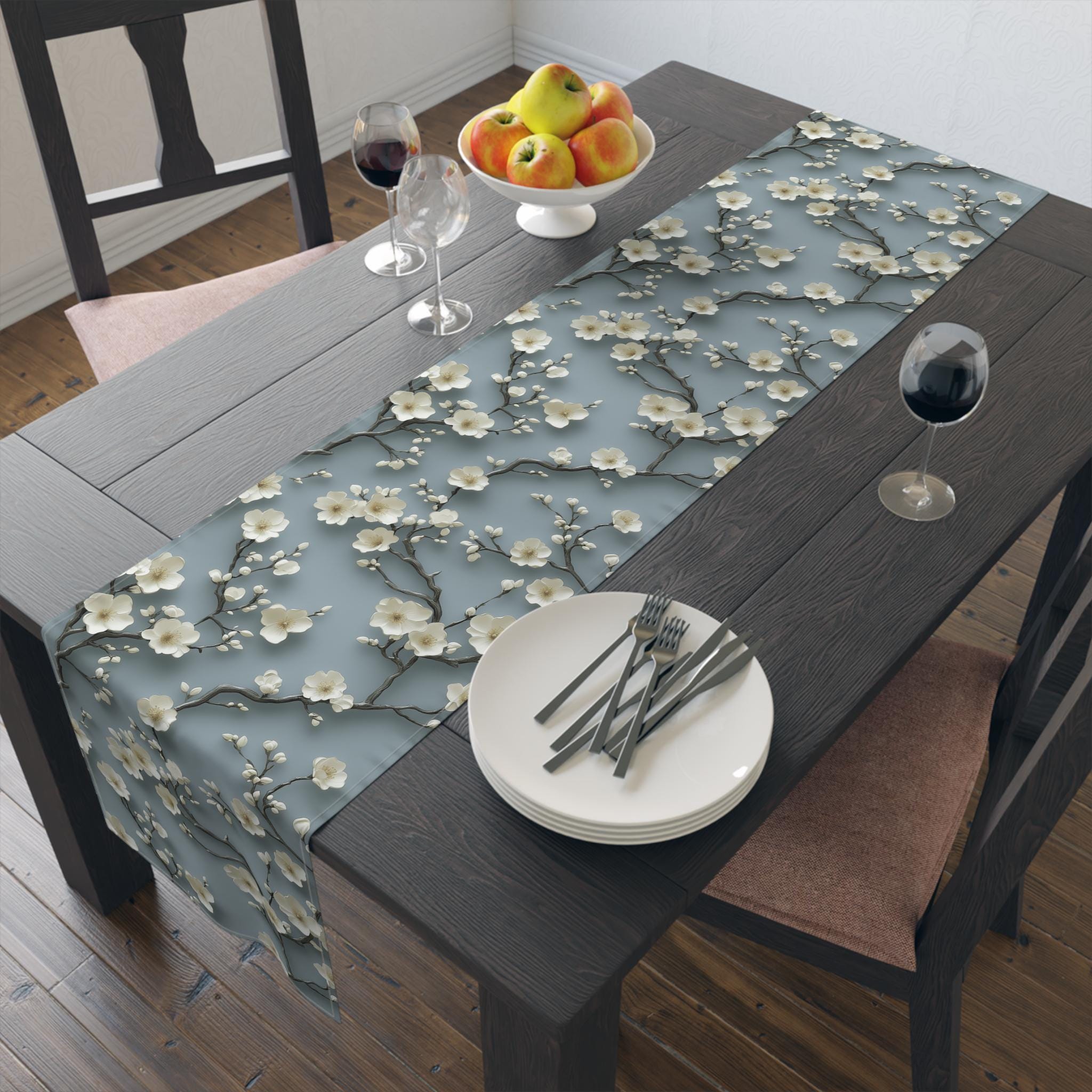 Elegant Chinoiserie Table Runner: Blue-Teal Gradient Cherry Blossom Design for Modern Dining Decor