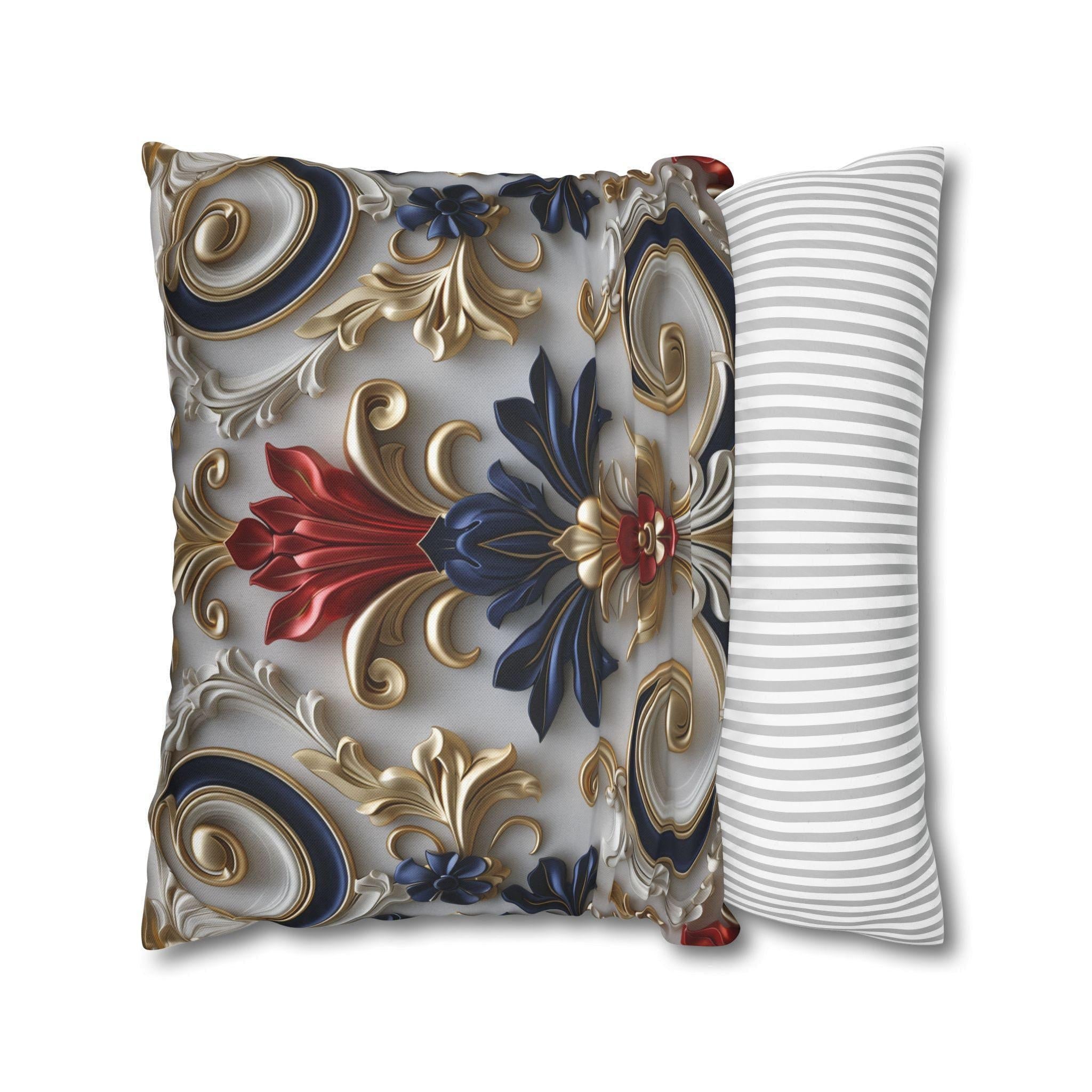 Baroque Floral Pillow Cover: Red, Blue, Gold Foliate Motifs