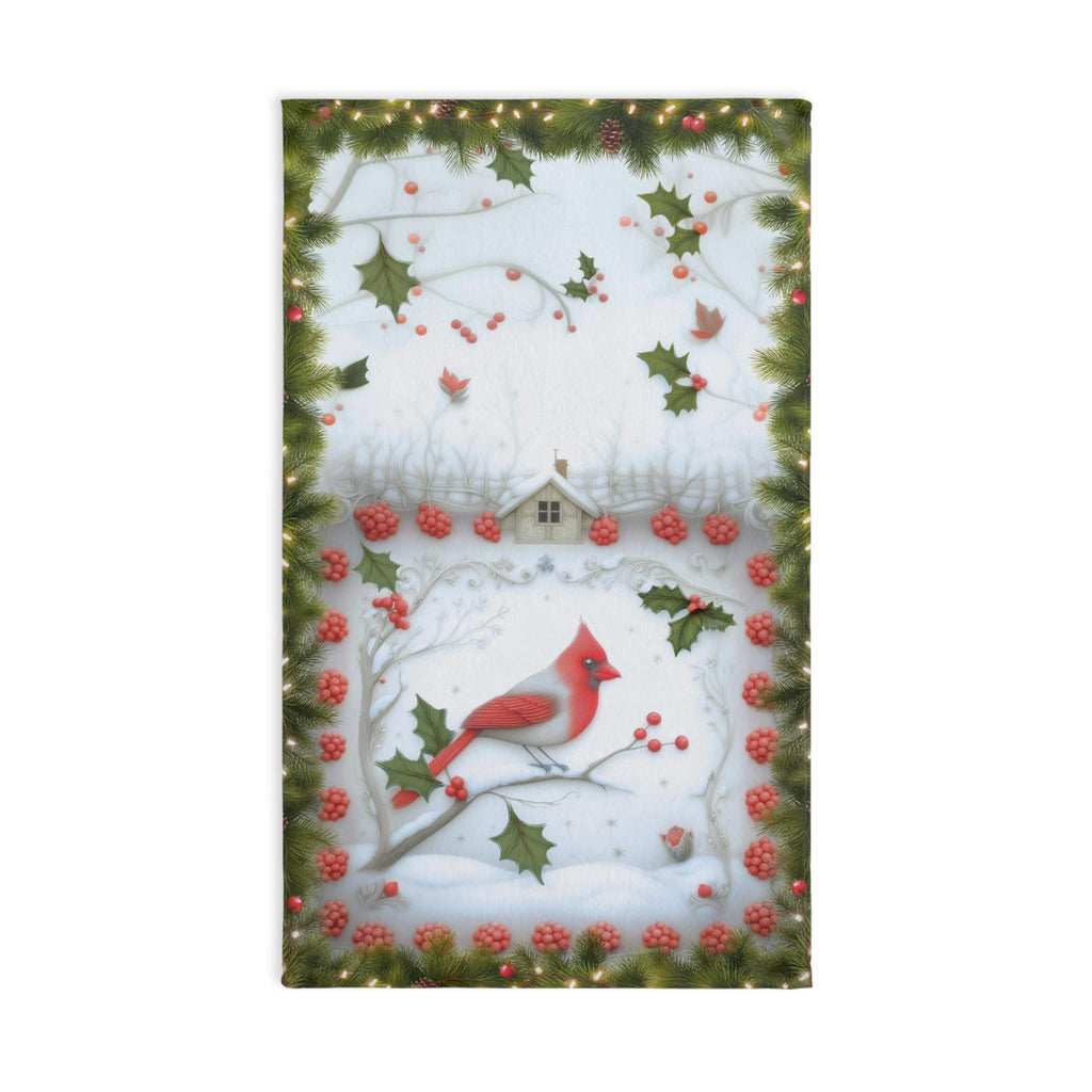 Red Cardinal Christmas Hand Towel: Winter Berry Tea Towel