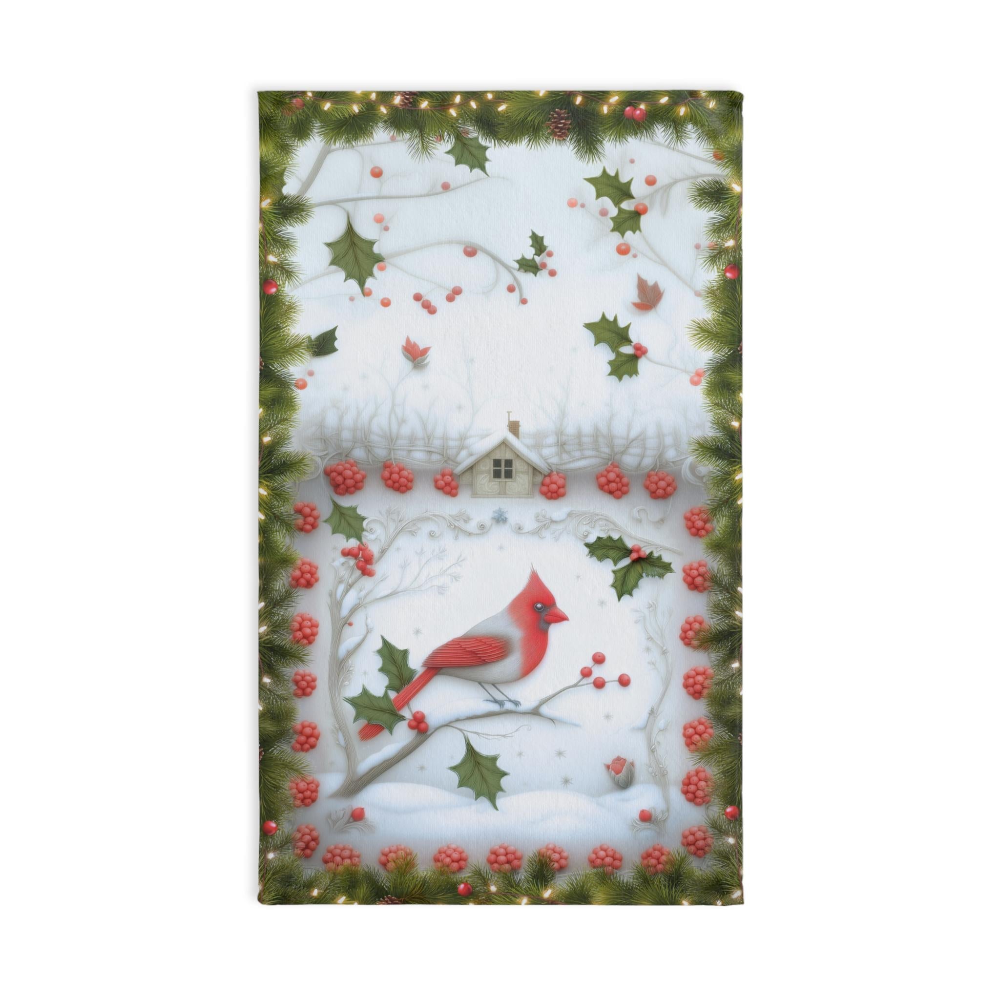 Red Cardinal Christmas Hand Towel: Winter Berry Tea Towel