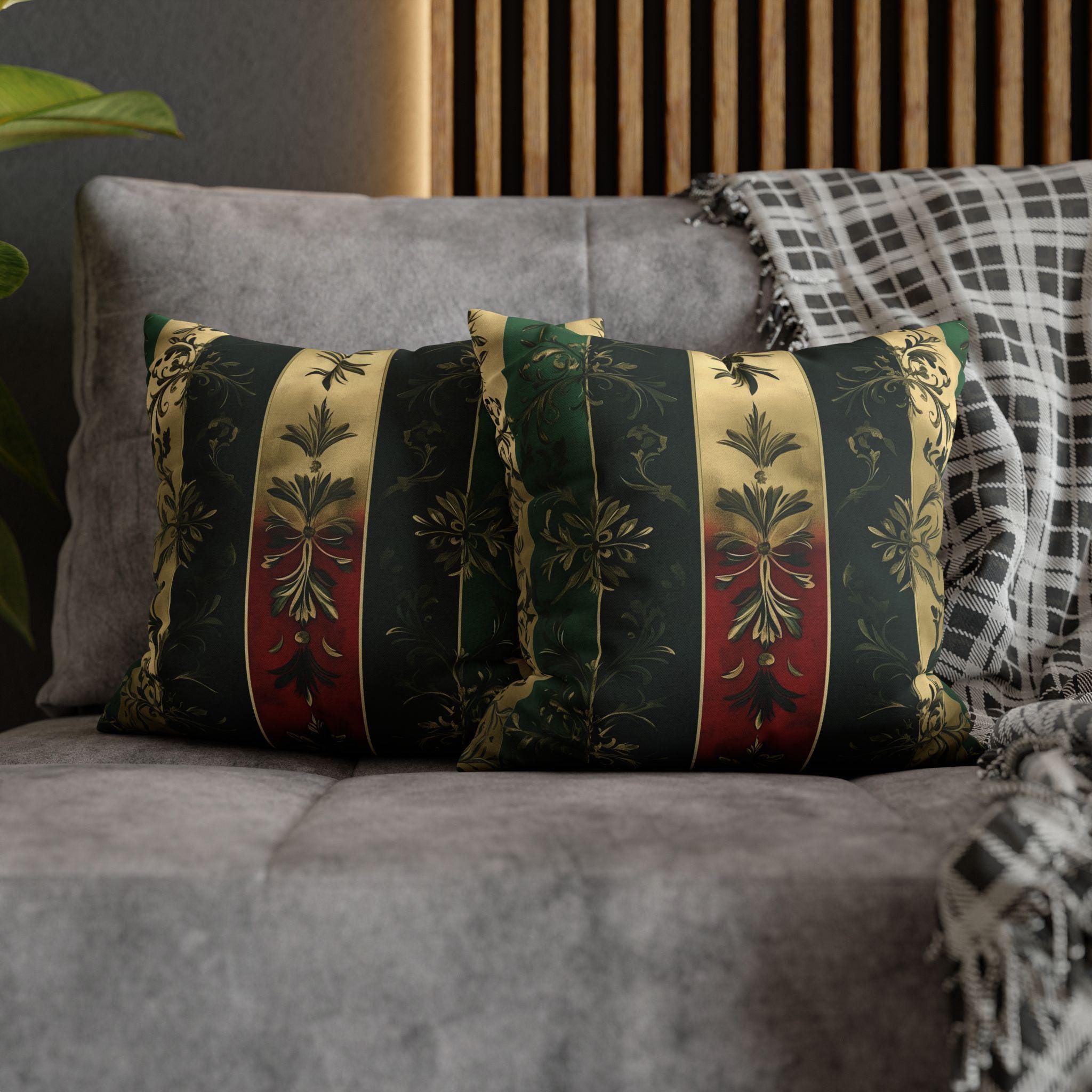 Elegant Holiday Striped Pillowcase: Floral Botanical Design, Gold Green Red Decorative Cover