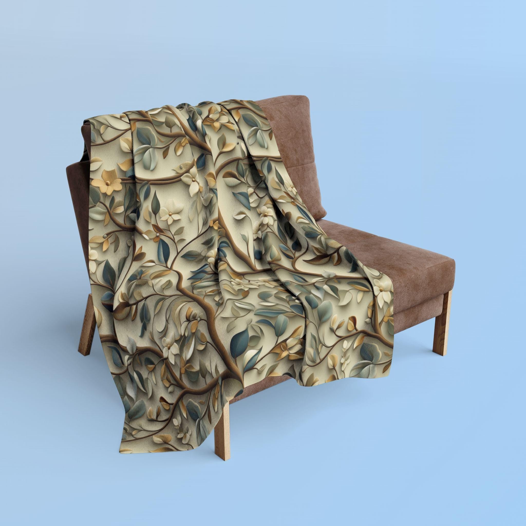 Botanical William Morris Inspired Fleece Blanket, Floral Green Gold White Beige Throw Blanket