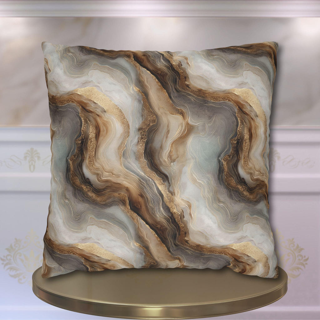 Modern Abstract Pillow Cover: Brown Marble Look with Gold Color Accents