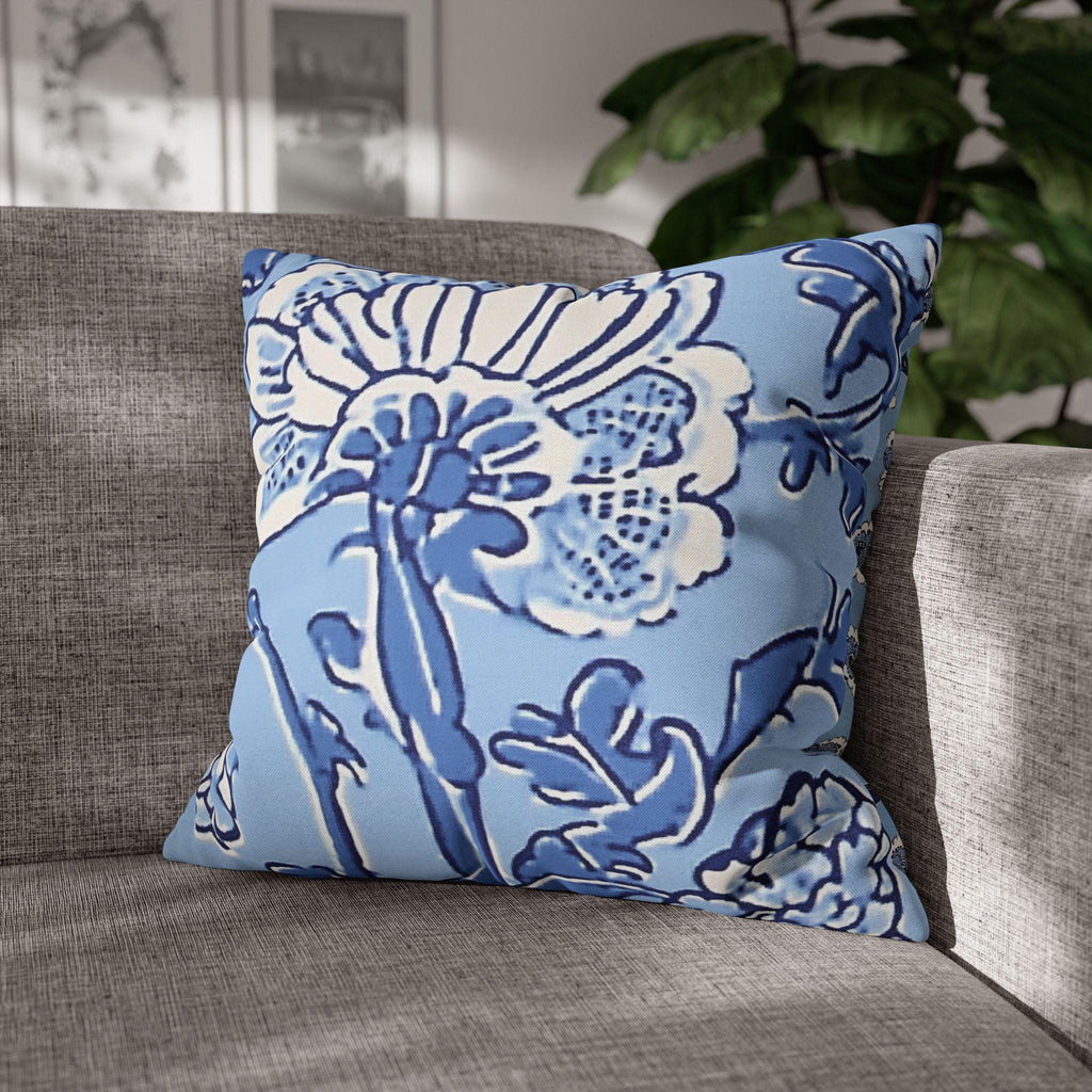 Elegant Chinoiserie Floral Pillowcase: Blue & White Square Cushion Cover for Home Decor