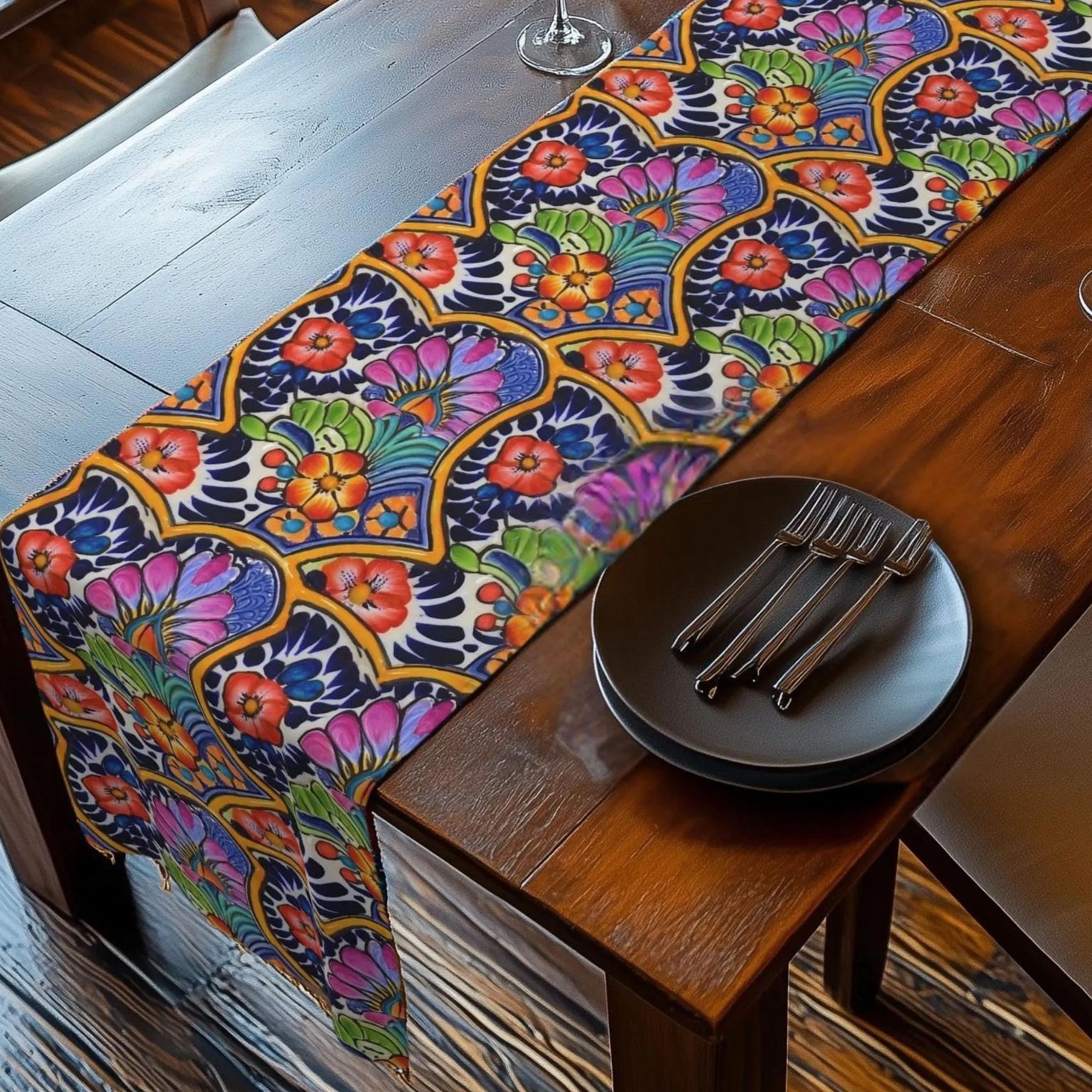 Mexican Table Runner: Inspired by Colorful Talavera  Floral Folk Art Decor