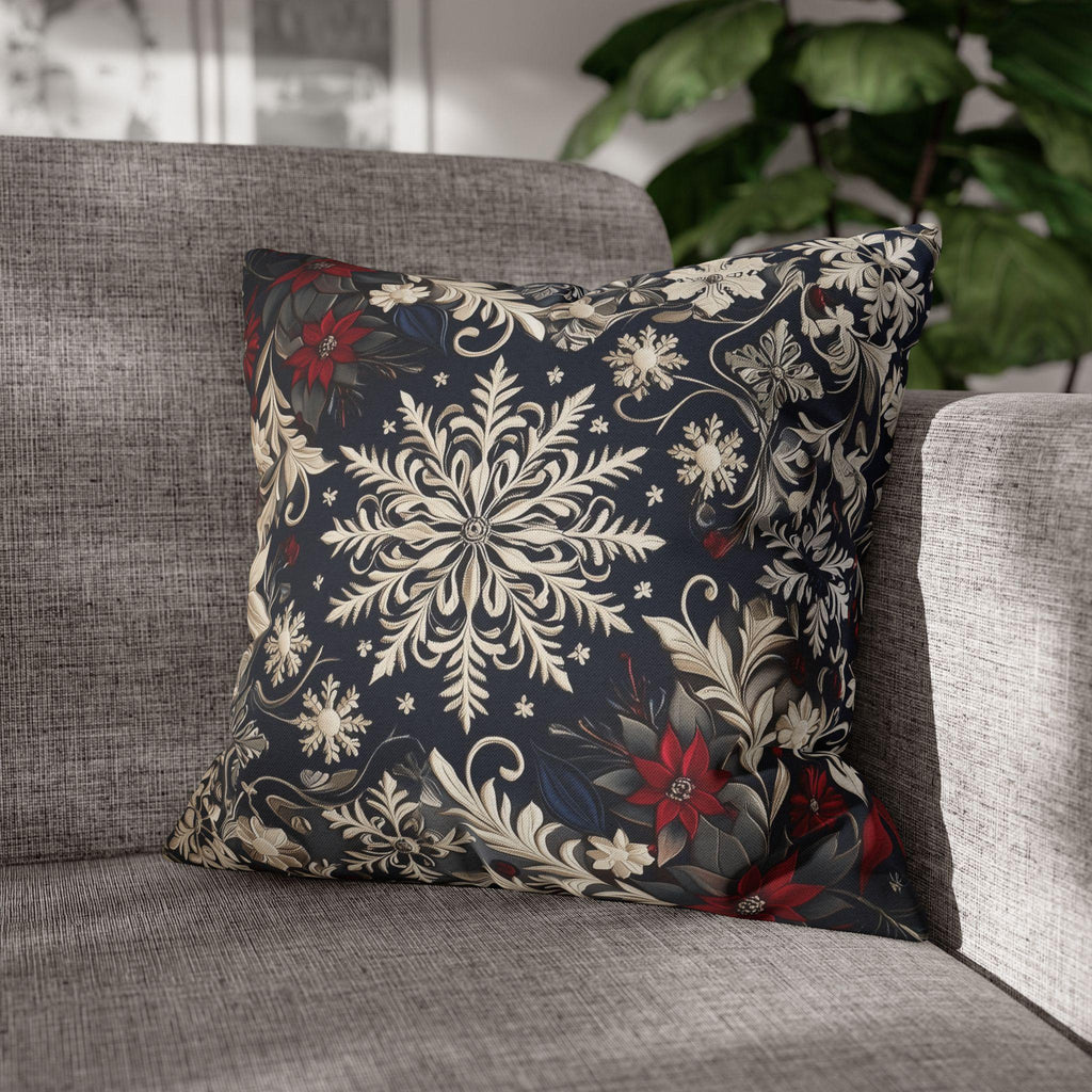 Christmas Snowflake & Poinsettia Pillow Cover: Navy Blue Cream and Garnet Red Cushion Case