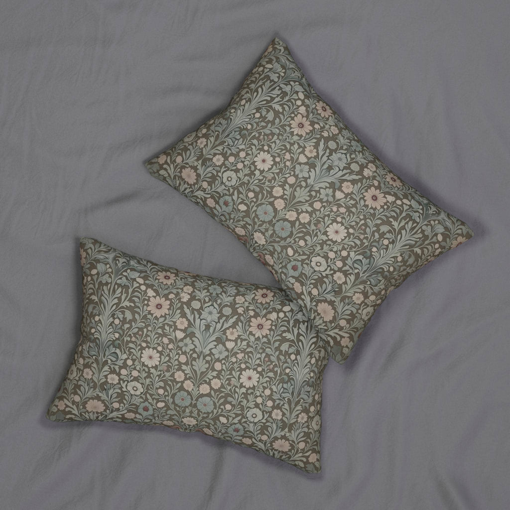 William Morris Inspired Botanical Lumbar Pillow: Soft Gray-Sage, Taupe, Blush Accent