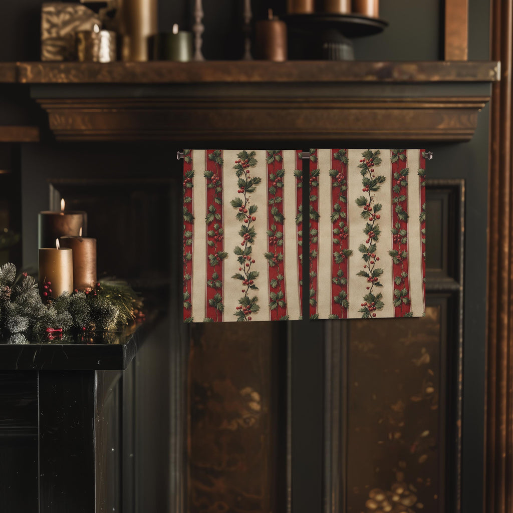 Striped Holly Christmas Hand Towel: Red Green Cream Holiday Botanical Winter Decor