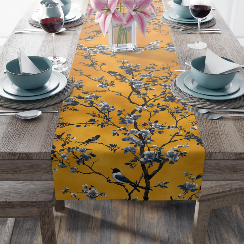 Elegant Chinoiserie Table Runner: Mustard Yellow with Black Birds, Asian-Inspired Dining Decor