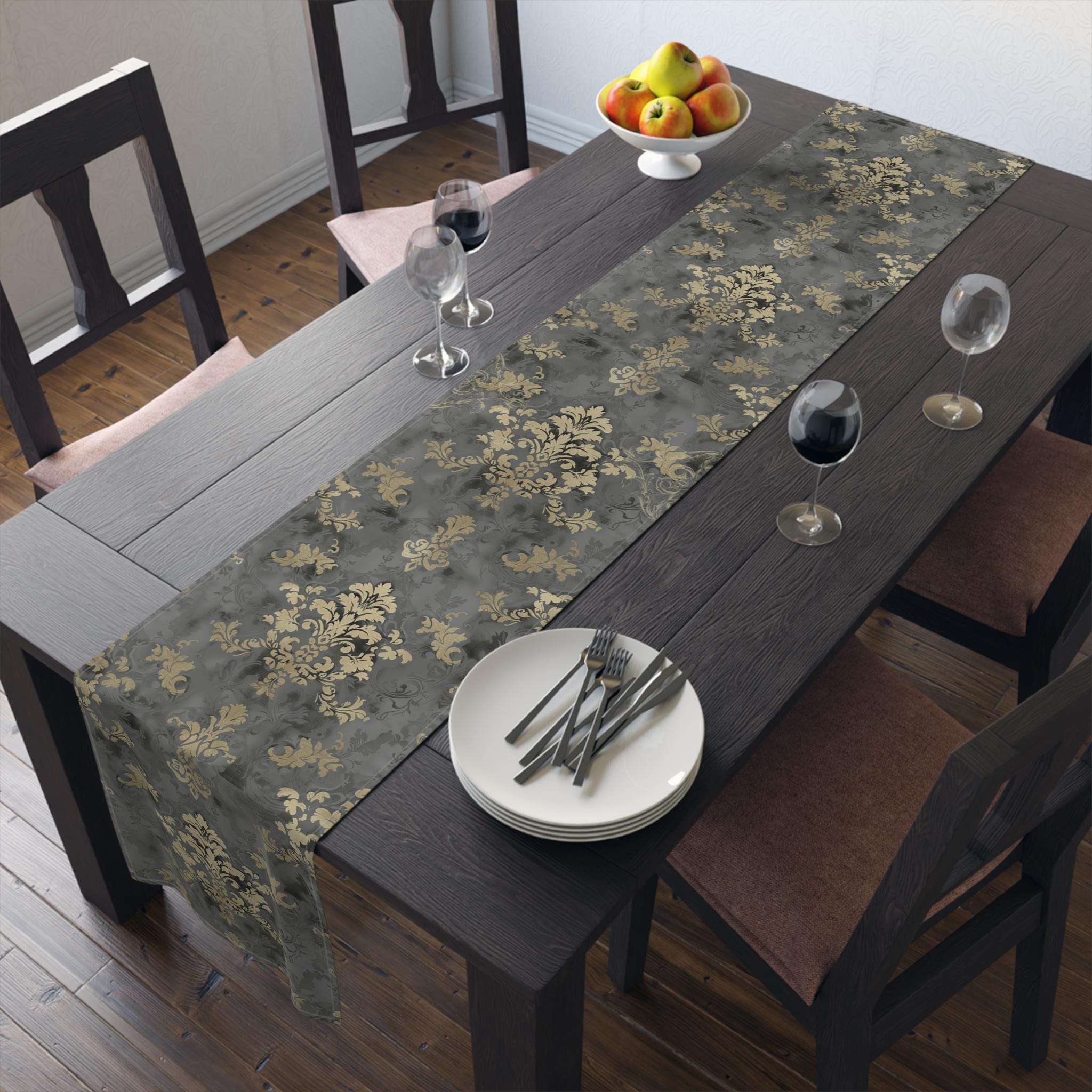 Elegant Damask Table Runner: Muted Gold Floral on Grey for Sophisticated Dining Room Decor