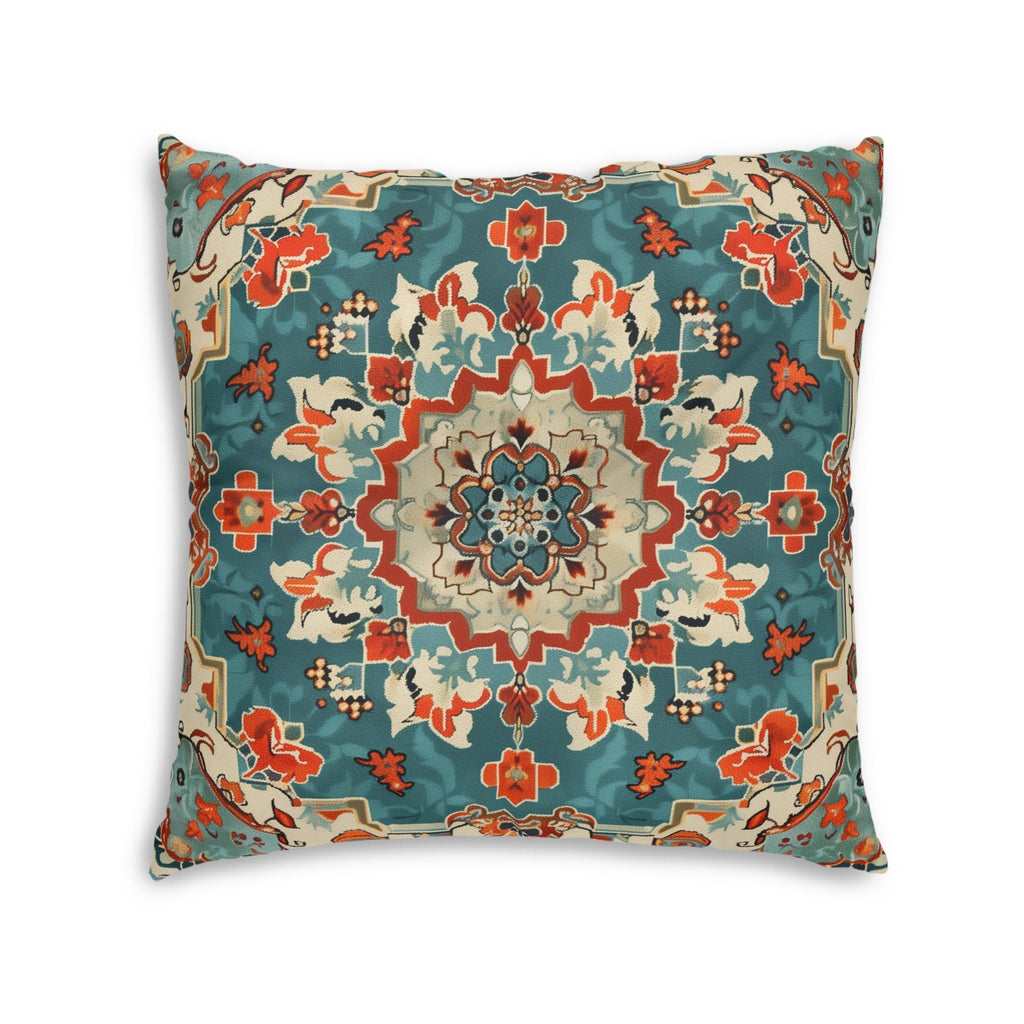 Turkish Kilim-Inspired Tufted Floor Cushion: Vibrant Teal & Coral Medallion Design for Bohemian Seating