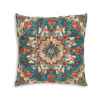 Turkish Kilim-Inspired Tufted Floor Cushion: Vibrant Teal & Coral Medallion Design for Bohemian Seating