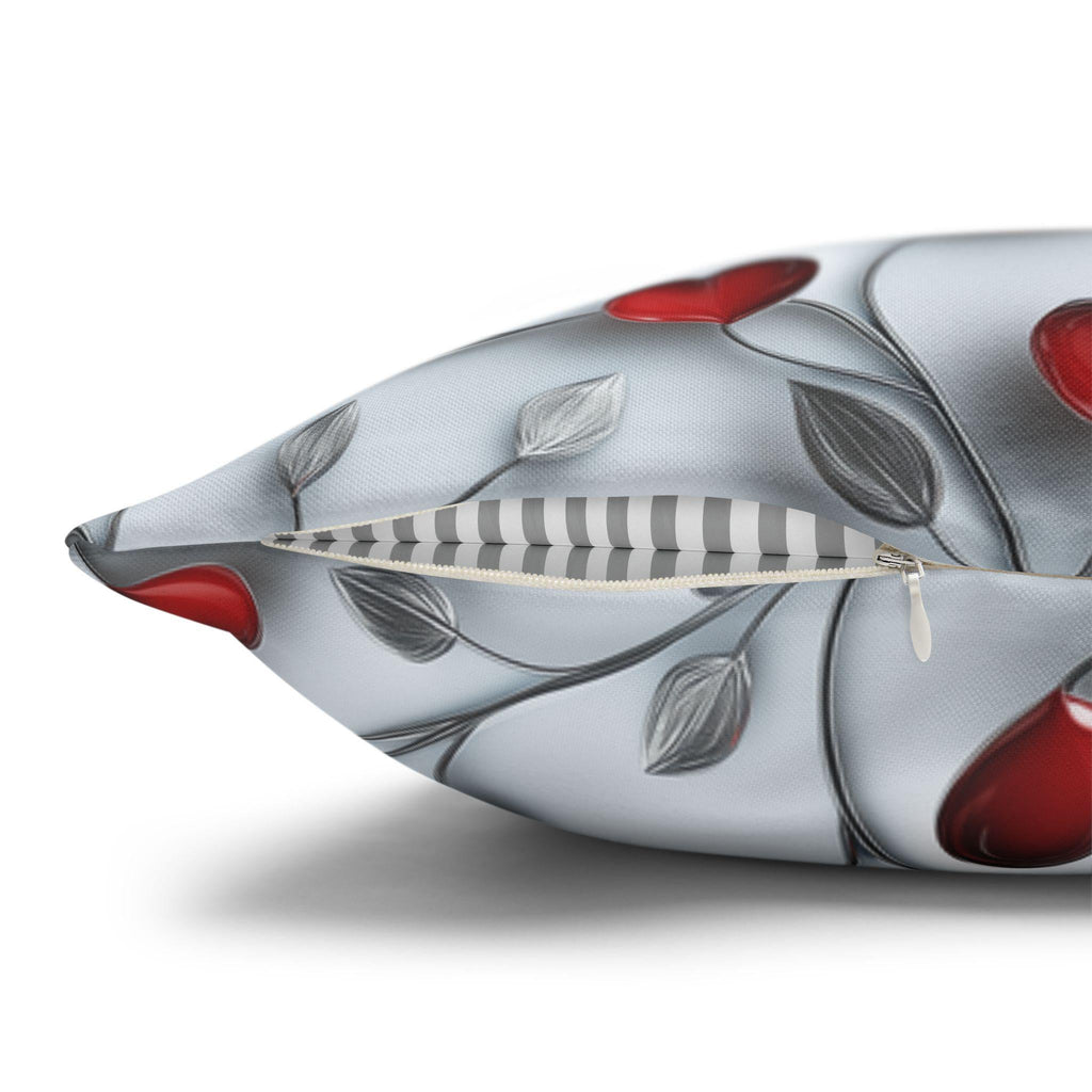 Red Floral Heart Pillow Cover: Romantic Silver Vine Design