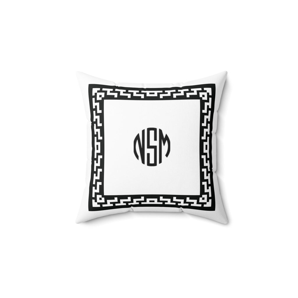 Personalized White Faux Suede Pillow with Greek Key Border and Custom Monogram Initials