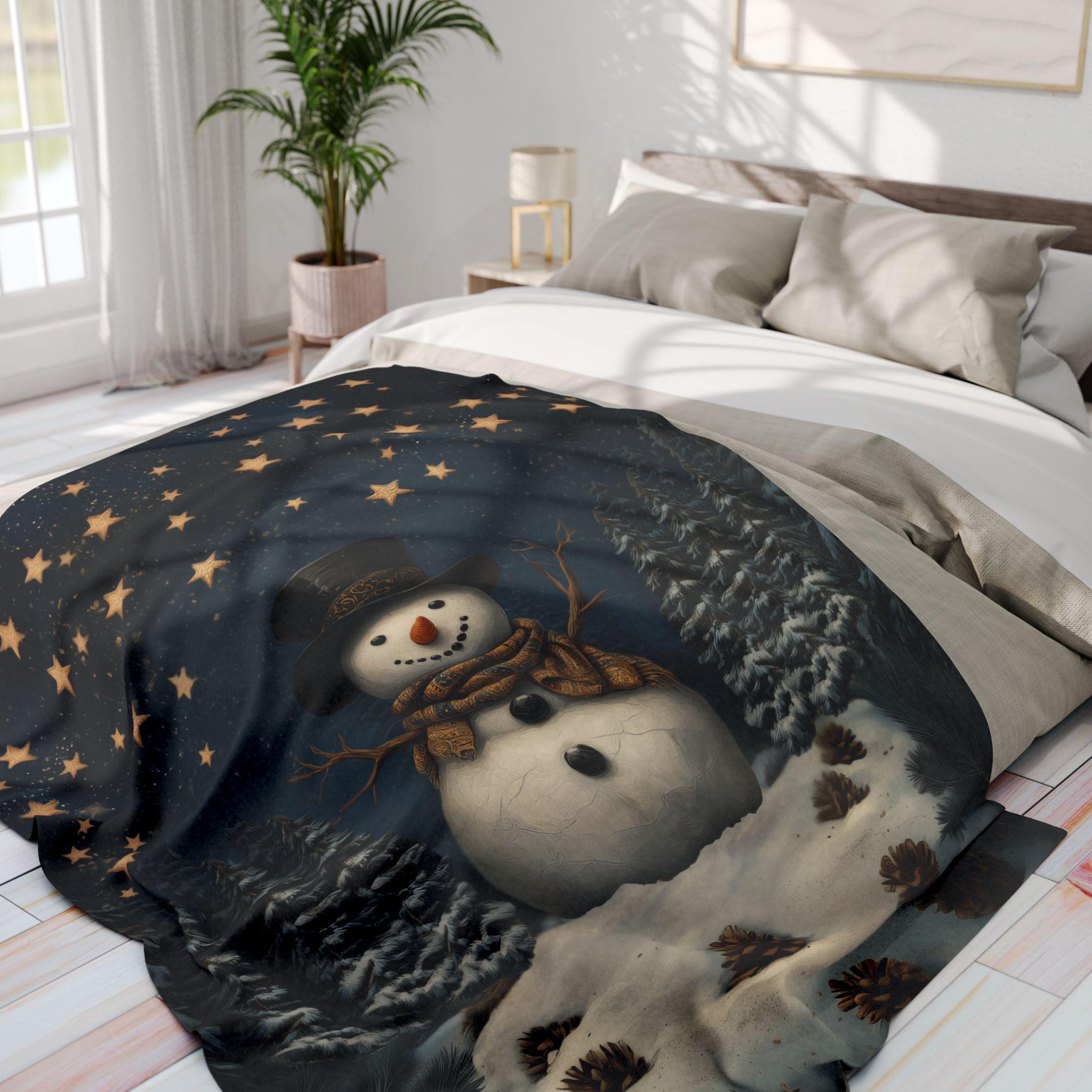 Whimsical Winter Wonderland Fleece Throw: William Morris Inspired Snowman Blanket for Cozy Christmas Decor