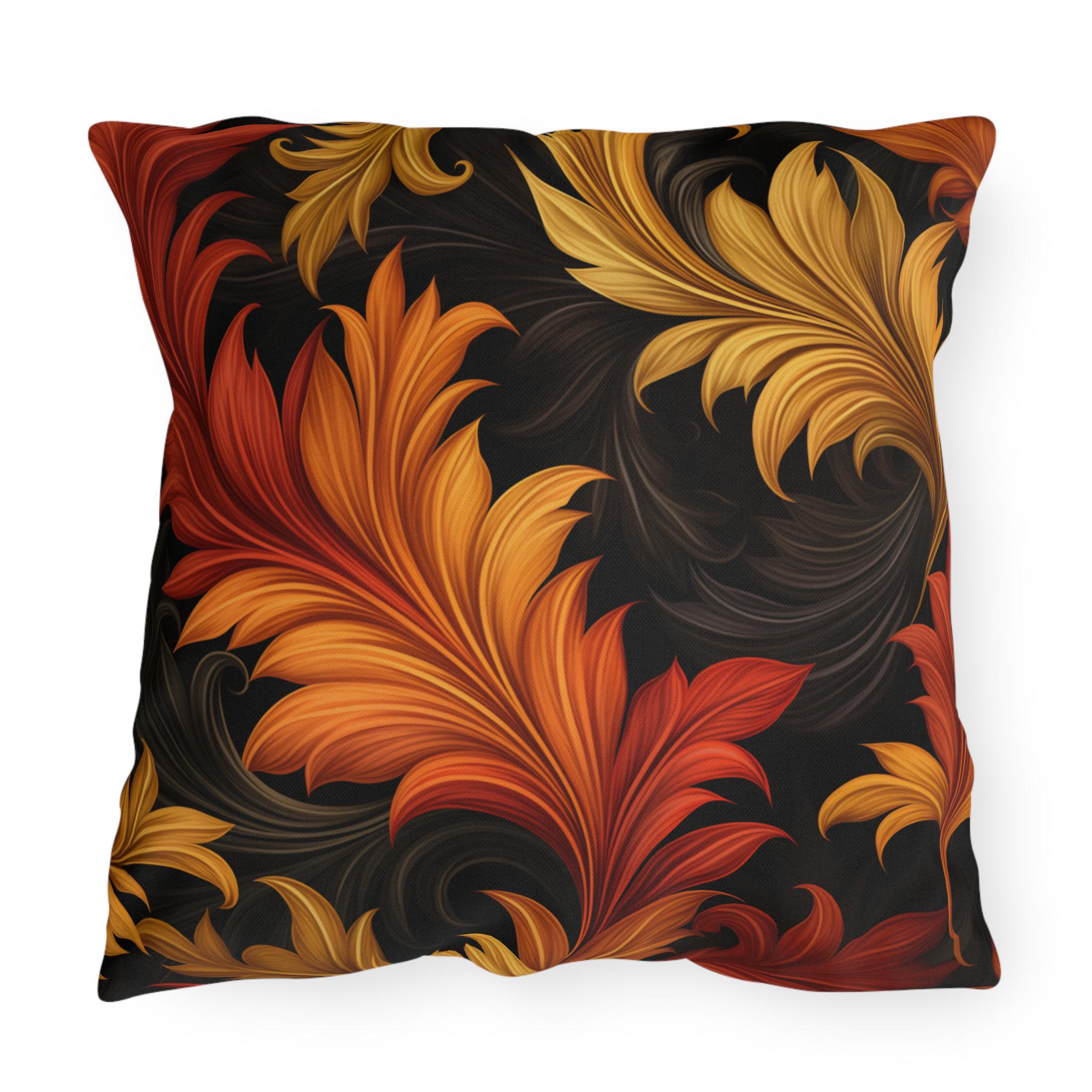 Autumn Leaf Outdoor Pillow: Red, Gold, Black - Weather Resistant