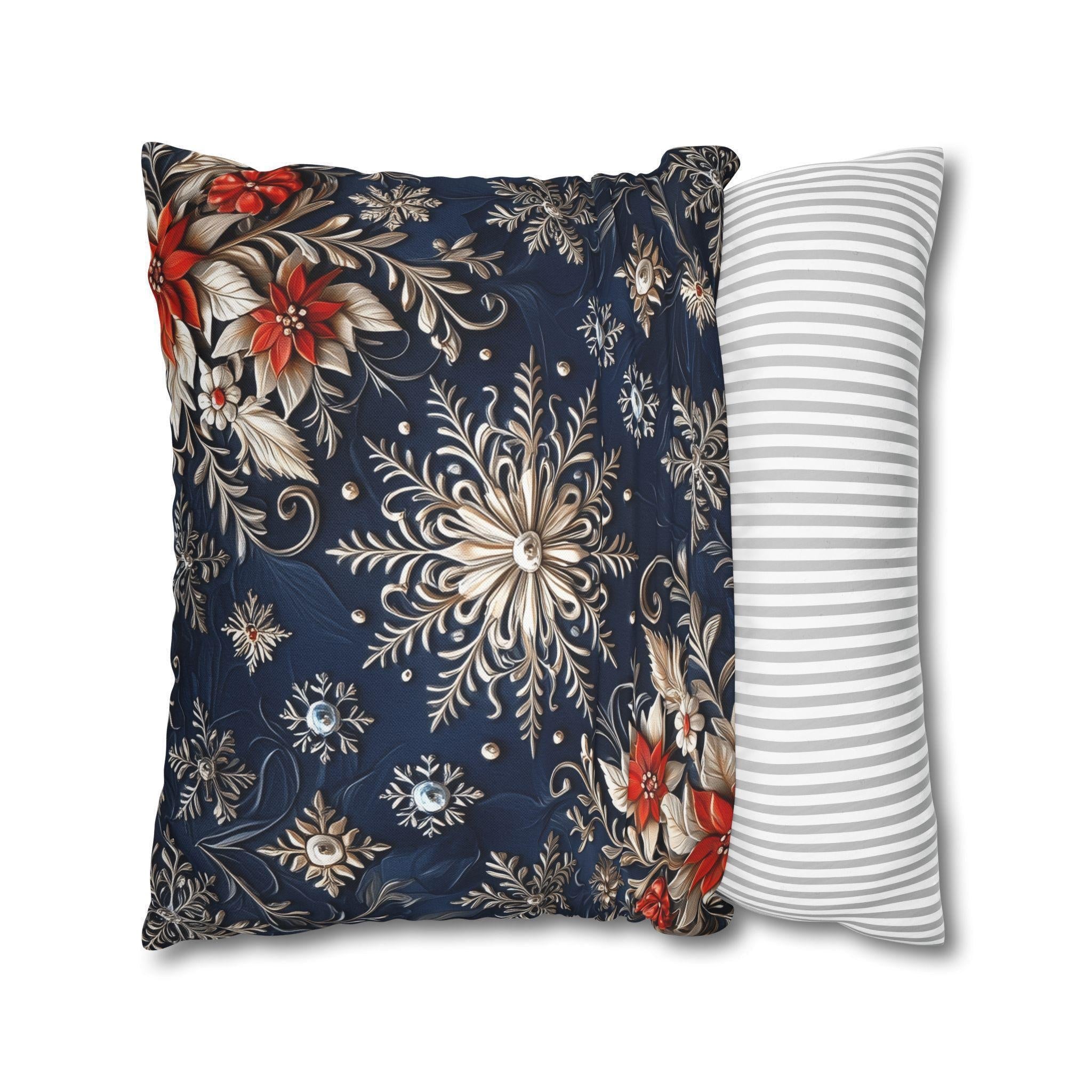 Snowflake Holiday Pillowcase, Silver, Gold  & Blue Christmas Decorative Throw Cushion Cover
