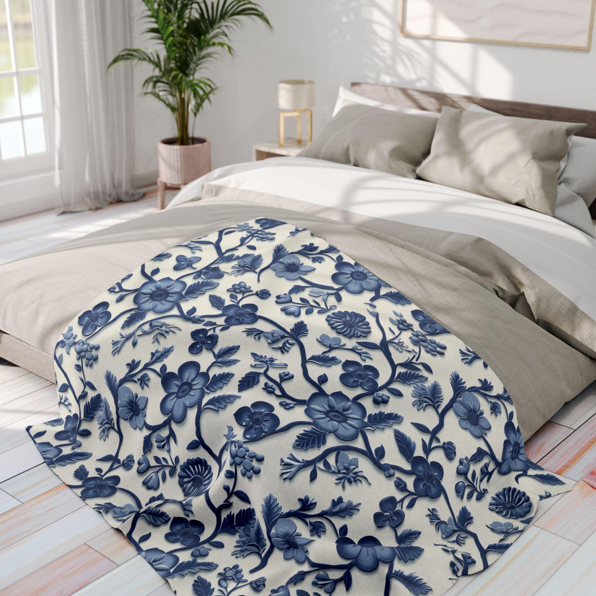 Chinoiserie Fleece Blanket: Blue and White Floral Pottery Pattern