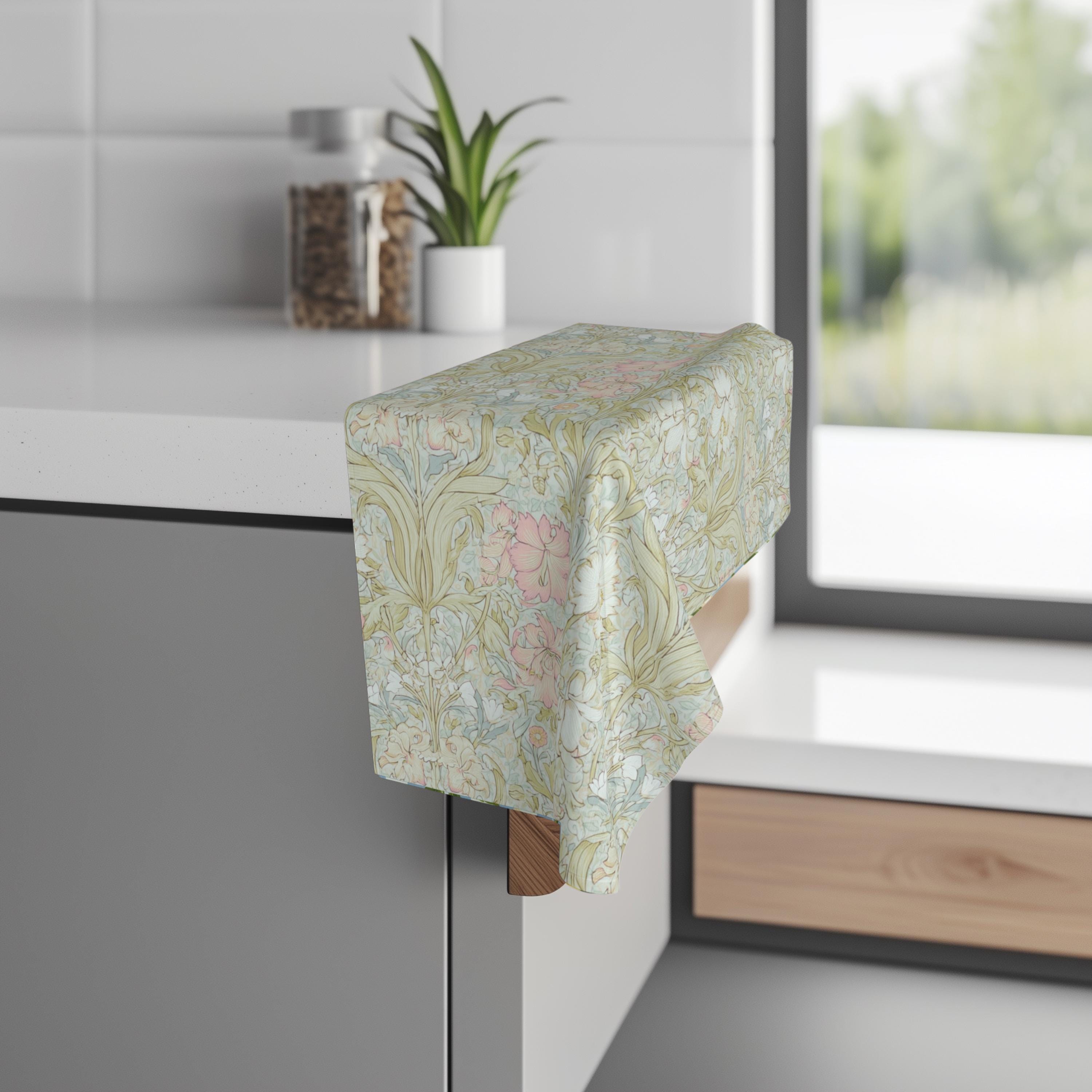William Morris Style Hand Towel: Soft Sage and Blush Botanical Ivory Cottage Decor