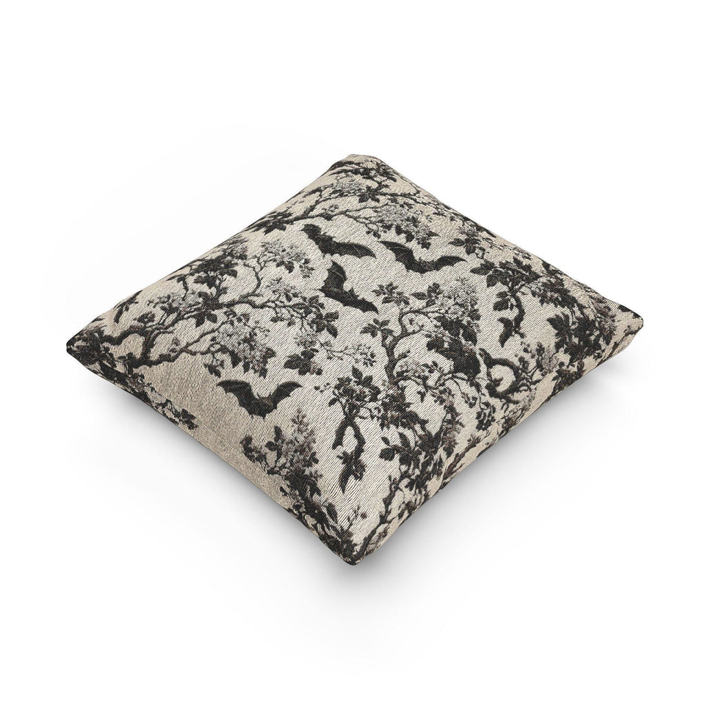 Chinoiserie Five Bats Woven Throw Pillow: Black and Cream Halloween Floral