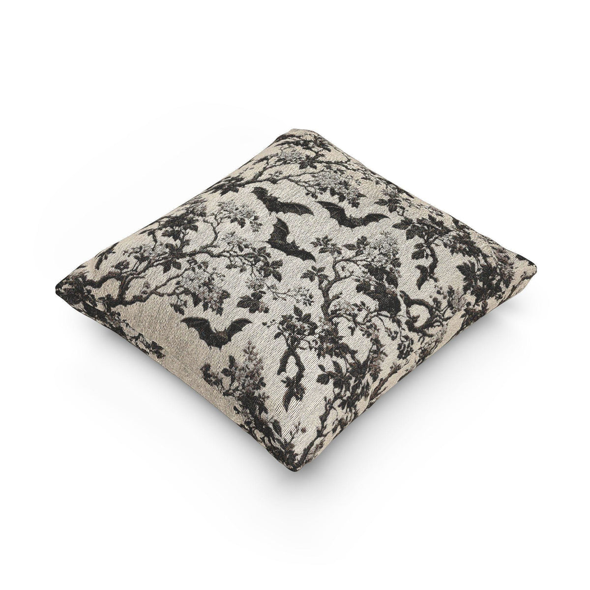 Chinoiserie Five Bats Woven Throw Pillow: Black and Cream Halloween Floral