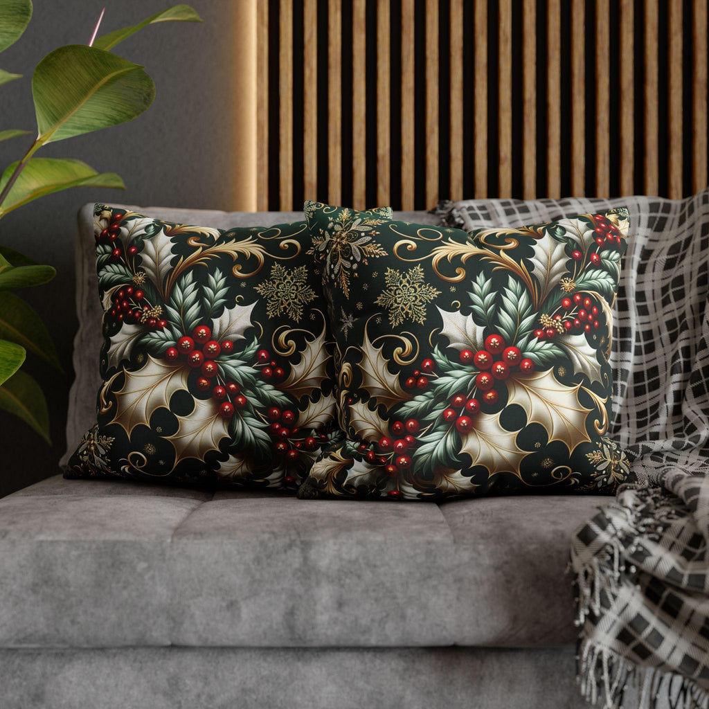 Elegant Emerald Pillow Cover: Golden Holly & Silver Snowflakes for Festive Holiday Decor