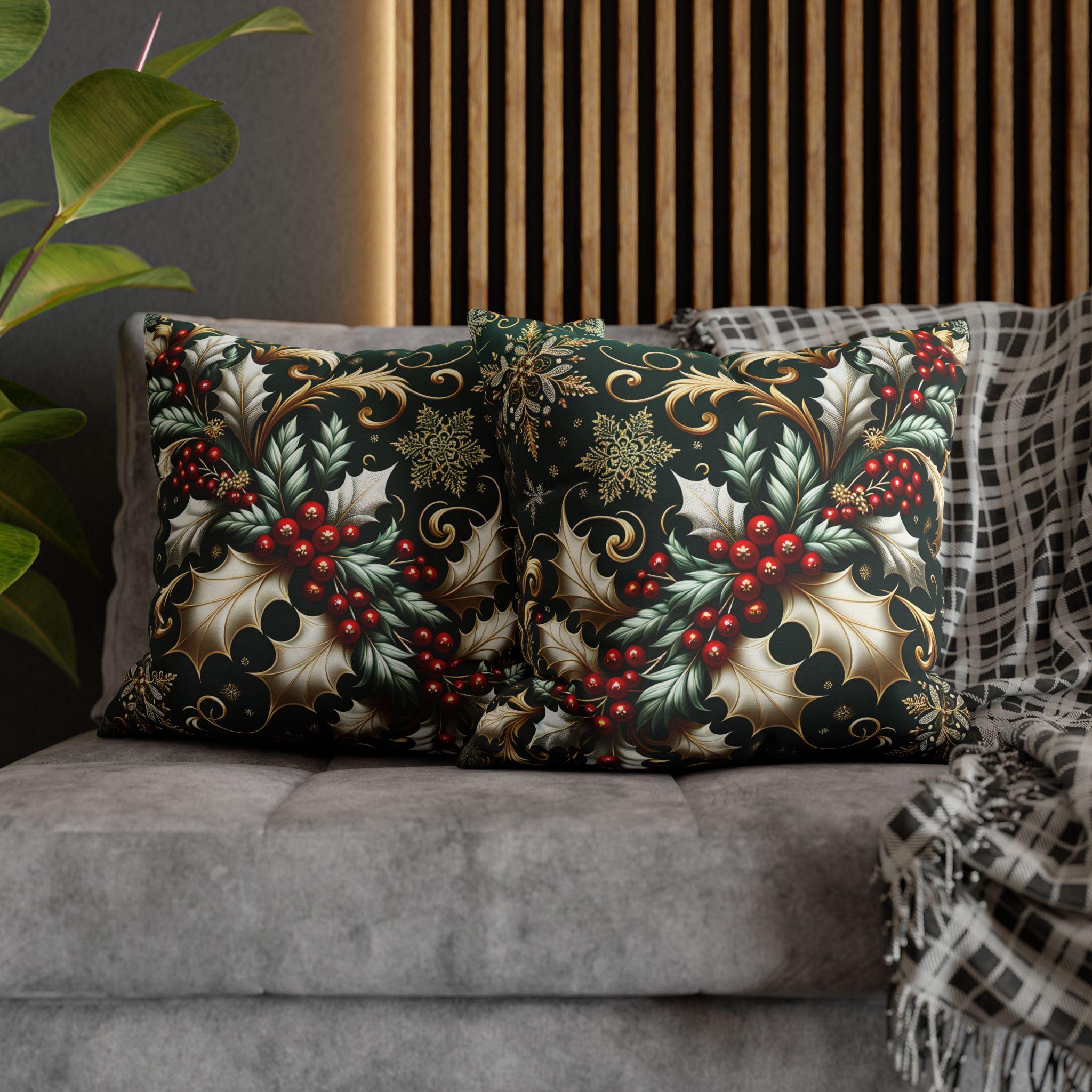 Elegant Emerald Pillow Cover: Golden Holly & Silver Snowflakes for Festive Holiday Decor