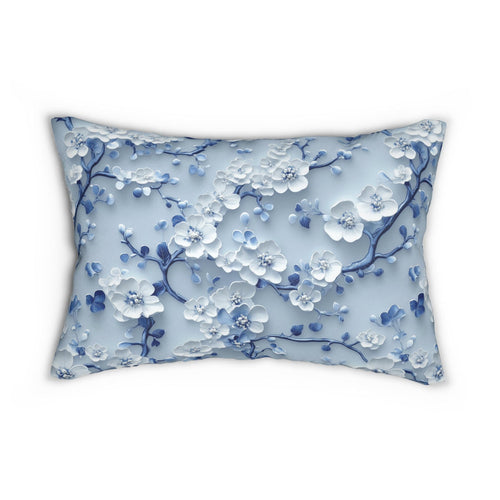 Chinoiserie Lumbar Pillow | Blue & White Cherry Blossoms | Elegant Floral Design