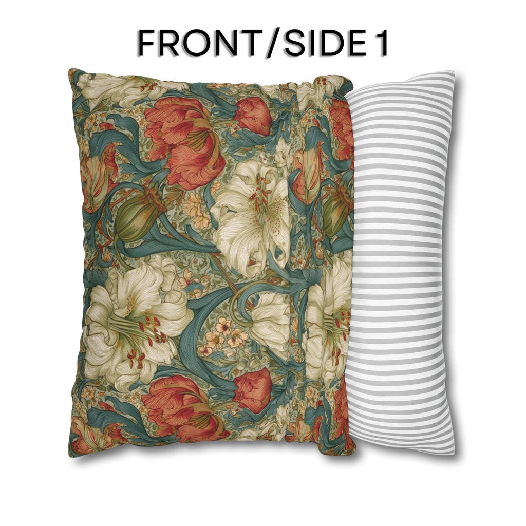 William Morris Style Pillow Cover: Ivory and Coral Lilies on a Celadon Background