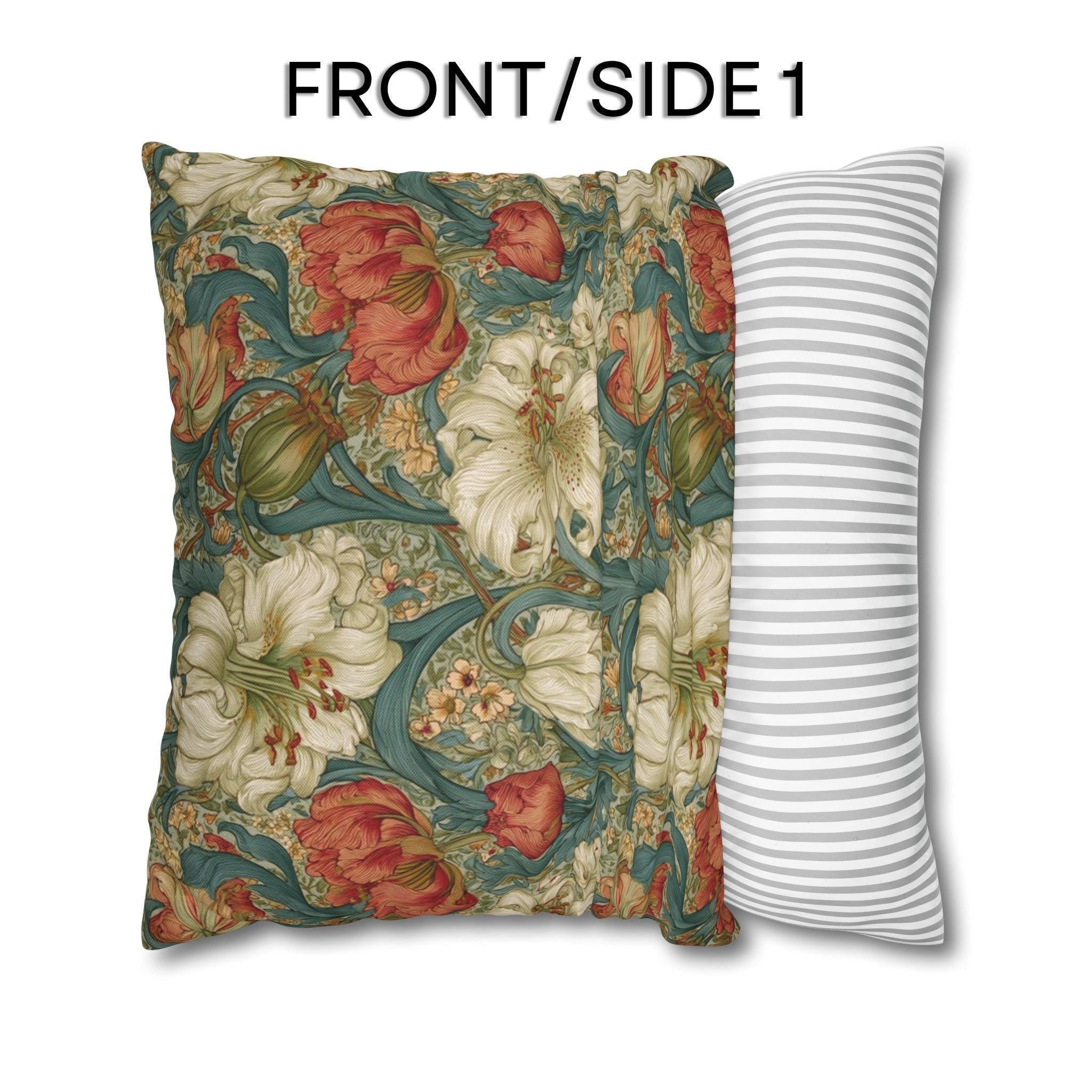 William Morris Style Pillow Cover: Ivory and Coral Lilies on a Celadon Background