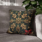 Gold Snowflake Poinsettia Pillow Cover, Emerald Green Holiday Decor