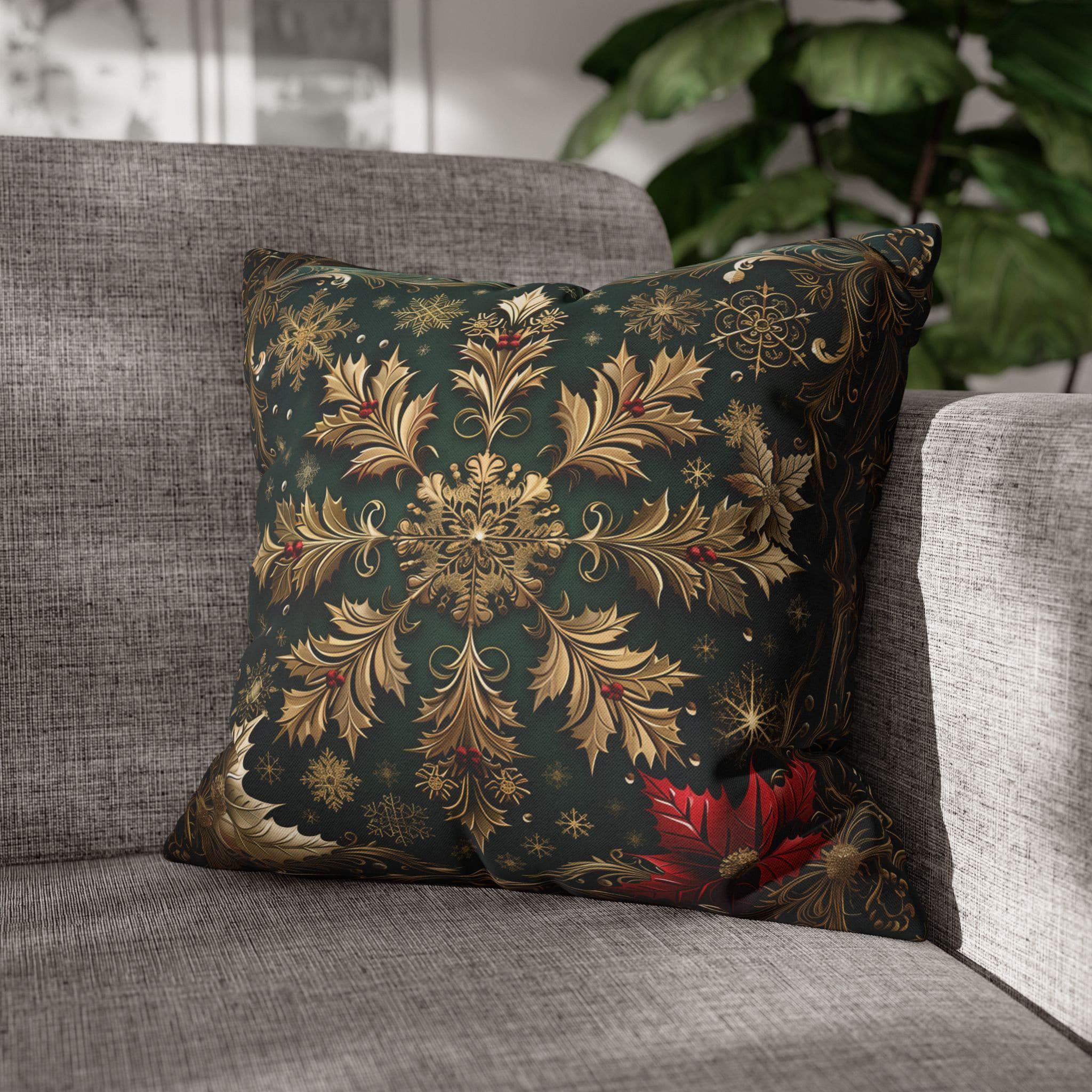 Gold Snowflake Poinsettia Pillow Cover, Emerald Green Holiday Decor