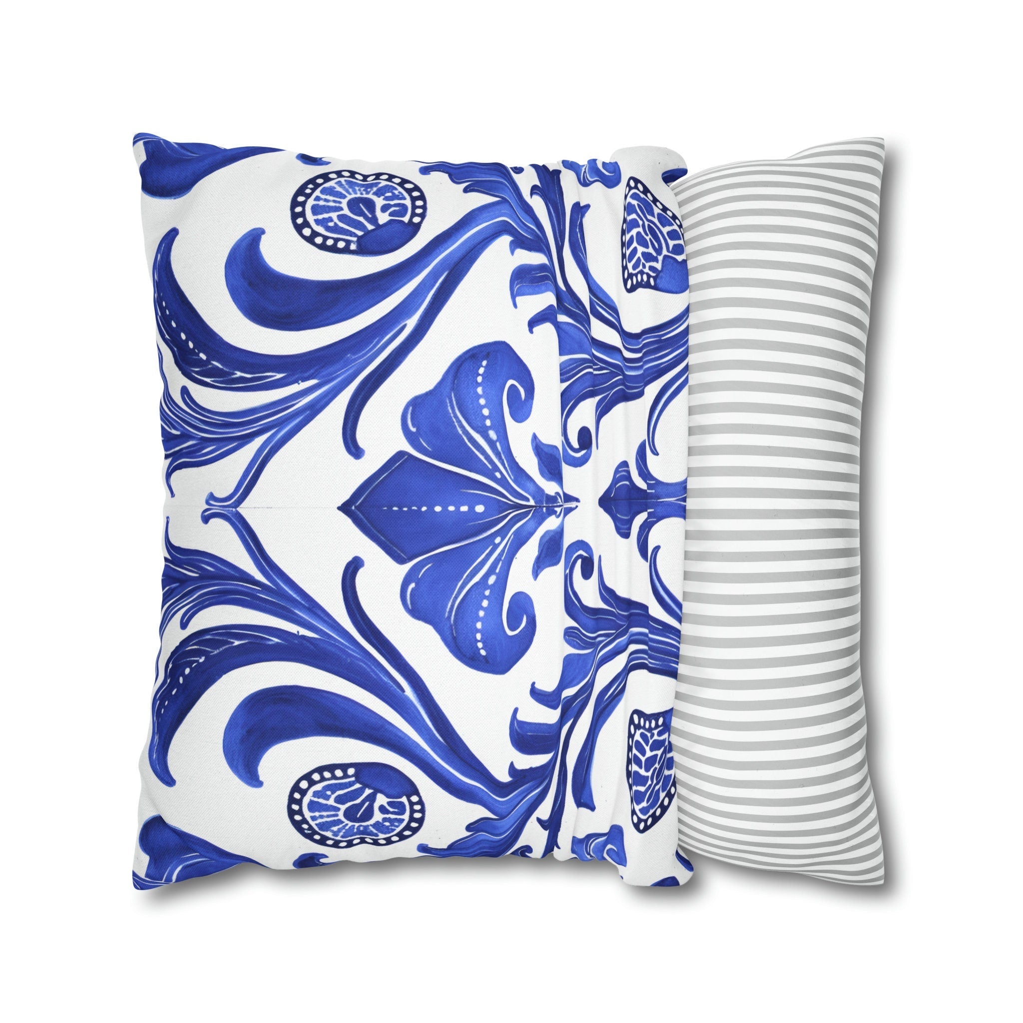 Blue Floral Art Nouveau Pillow Cover, Crisp White Decor