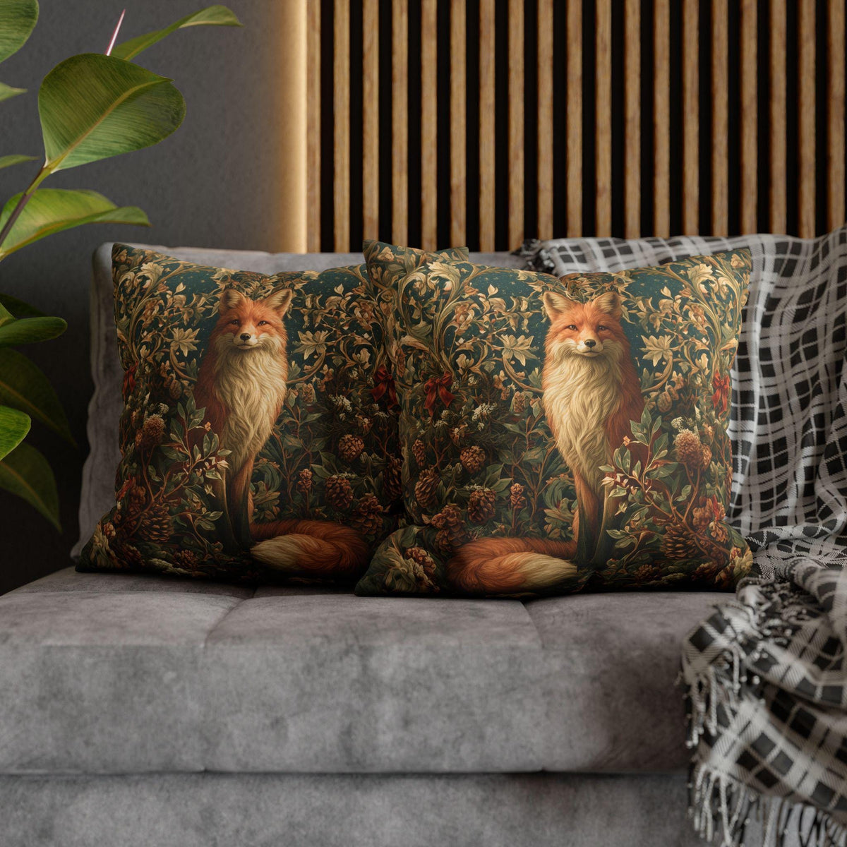 William Morris Inspired Christmas Pillow Cover: Woodland Fox Botanical Holiday Decor