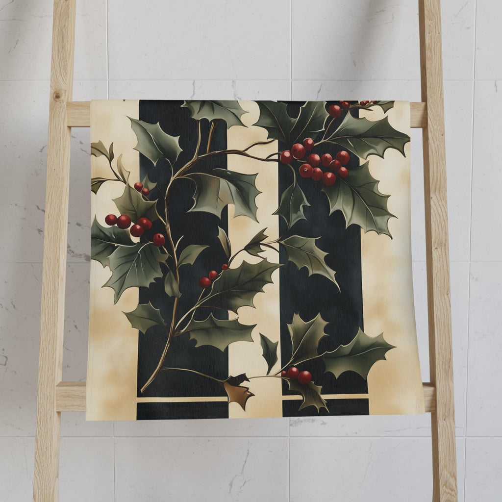 Holly & Stripes Christmas Tea Towel, Elegant Green Red Kitchen Decor