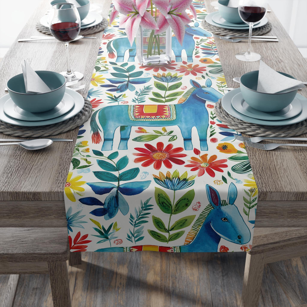 Otomi Table Runner: Blue Donkey Mexican Style Folk Art Floral Decor