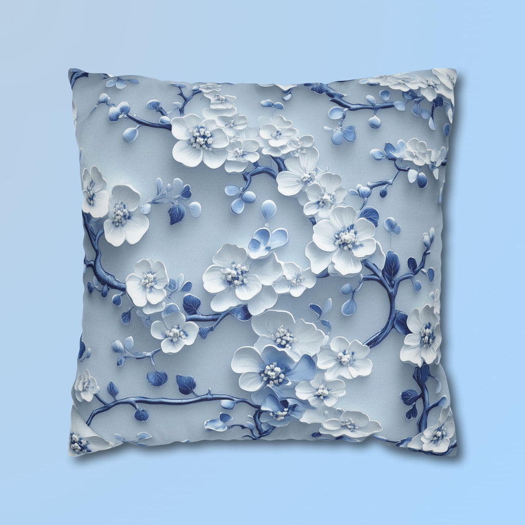 Elegant Blue & White Chinoiserie Cherry Blossom Pillow Cover | Asian-Inspired Floral Home Decor