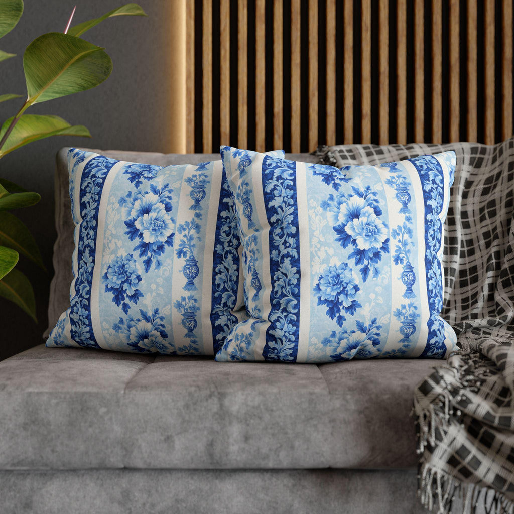 Elegant Chinoiserie Floral Pillowcase: Blue & White Striped French Country Home Decor Accent