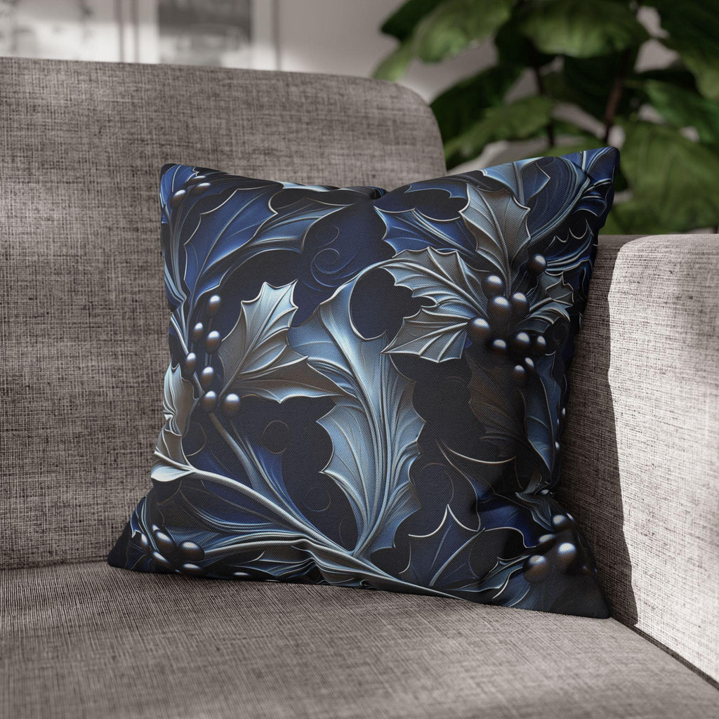 Elegant Silver & Blue Holly Leaf Christmas Pillow Cover - Moody Contemporary Holiday Decor
