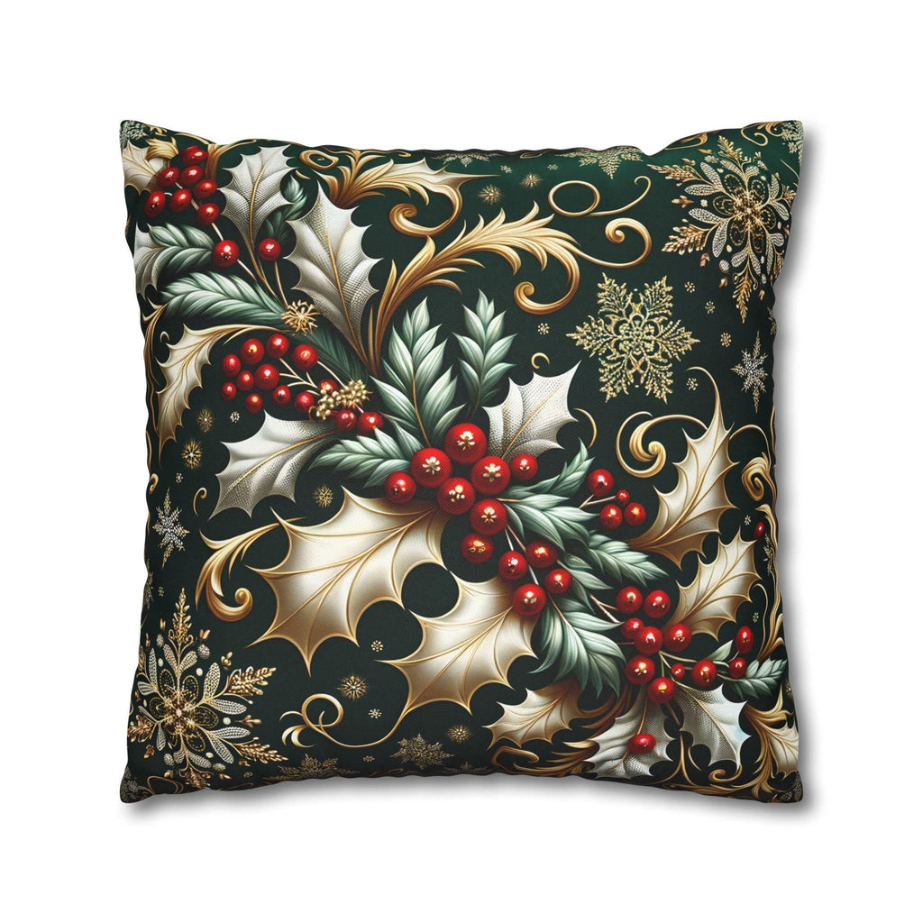 Elegant Emerald Pillow Cover: Golden Holly & Silver Snowflakes for Festive Holiday Decor